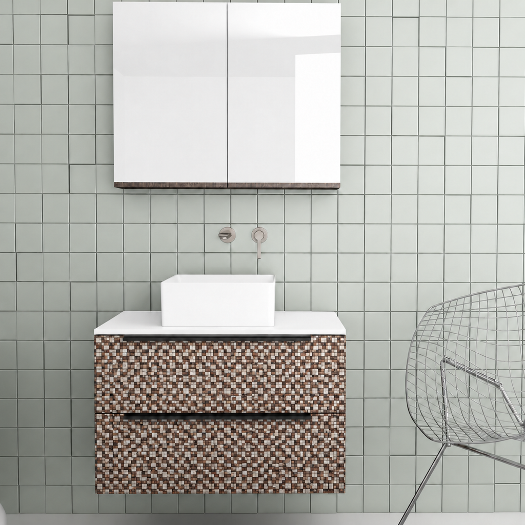 Orabella Solid Surface 80 Wall-Hung Bathroom Vanity for Countertop Basins - Laminate 245 / White countertop / Two Drawers / Black handles