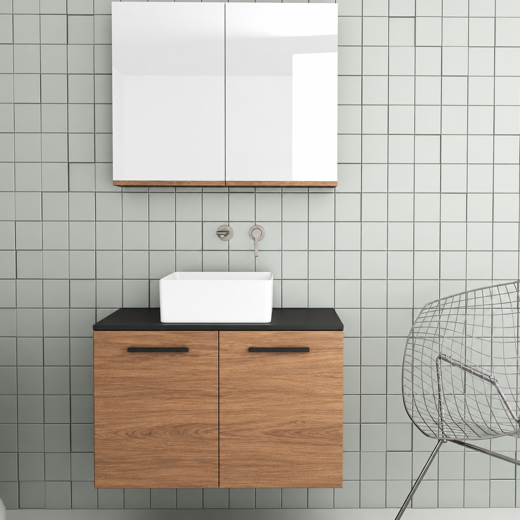 Orabella Solid Surface 80 Wall-Hung Bathroom Vanity for Countertop Basins - Laminate 270 / Black countertop / Two Doors / Black handles