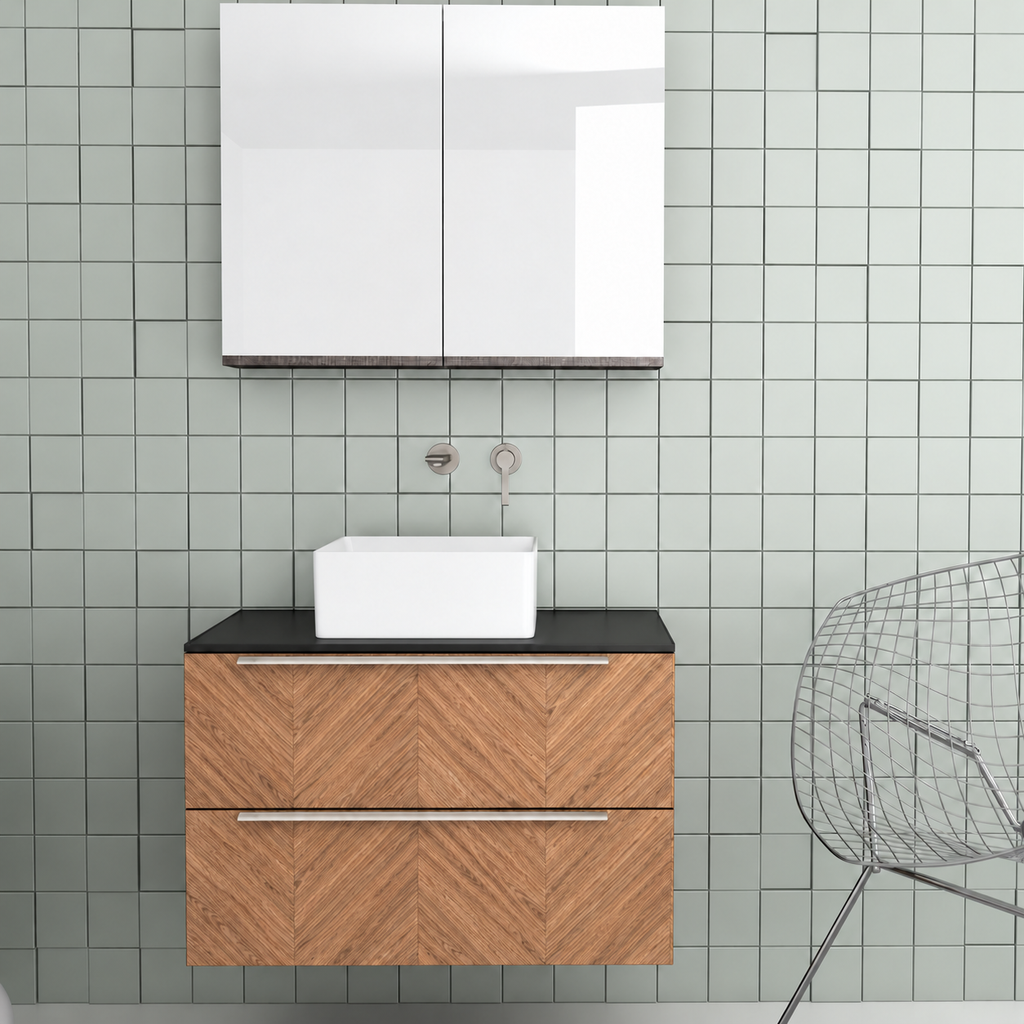 Orabella Solid Surface 80 Wall-Hung Bathroom Vanity for Countertop Basins - Laminate 270 / Black countertop / Two Drawers / Chrome handles
