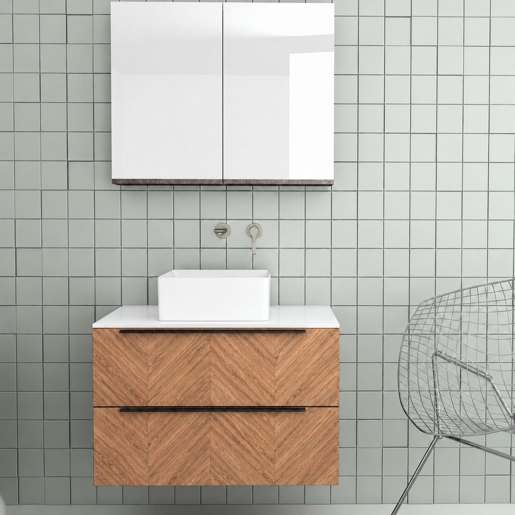 Orabella Solid Surface 80 Wall-Hung Bathroom Vanity for Countertop Basins - Laminate 270 / White countertop / Two Drawers / Black handles