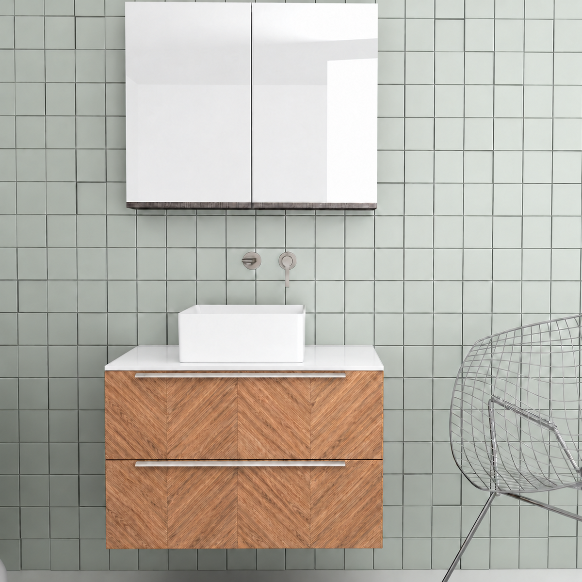 Orabella Solid Surface 80 Wall-Hung Bathroom Vanity for Countertop Basins - Laminate 270 / White countertop / Two Drawers / Chrome handles