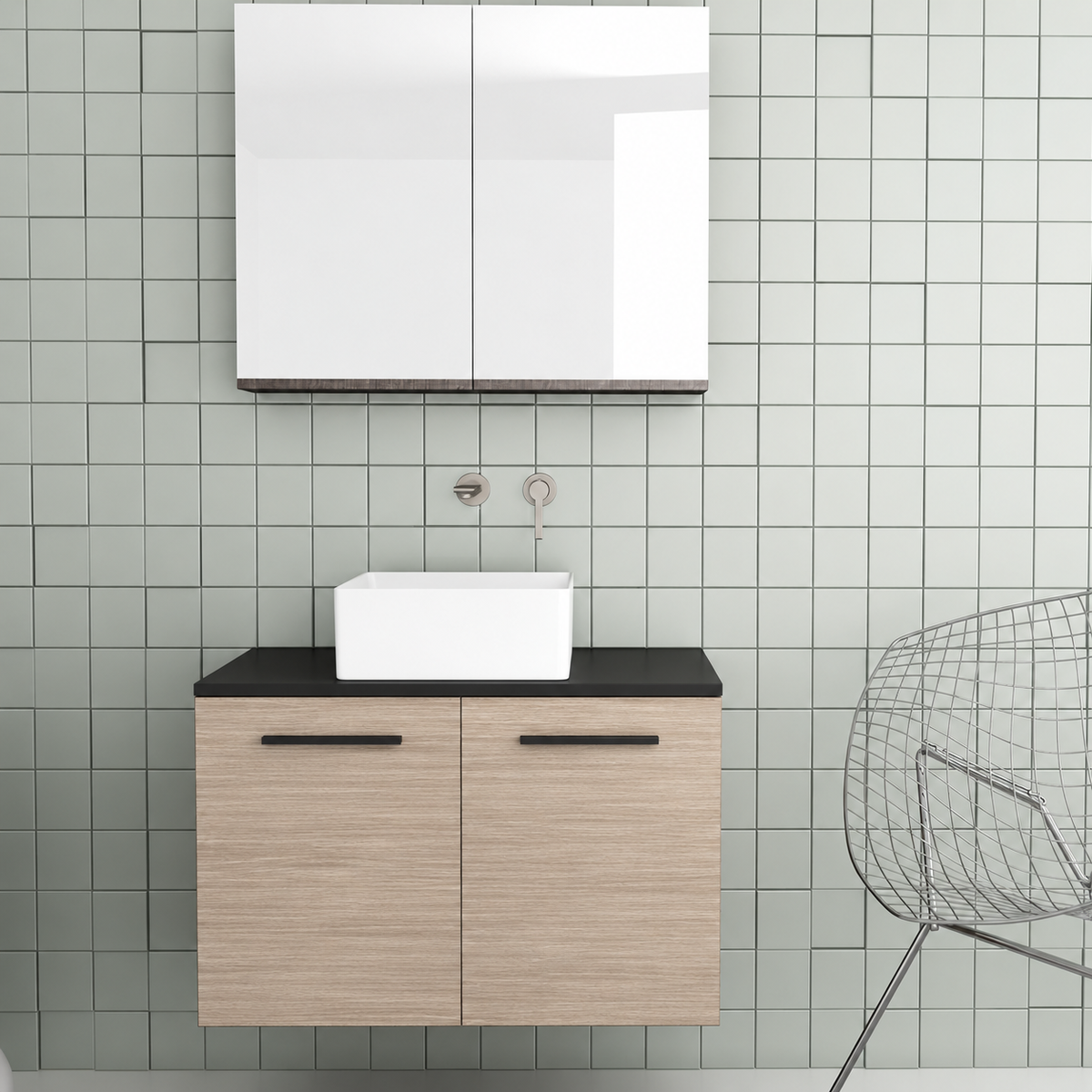 Orabella Solid Surface 80 Wall-Hung Bathroom Vanity for Countertop Basins - Laminate 326 / Black countertop / Two Doors / Black handles