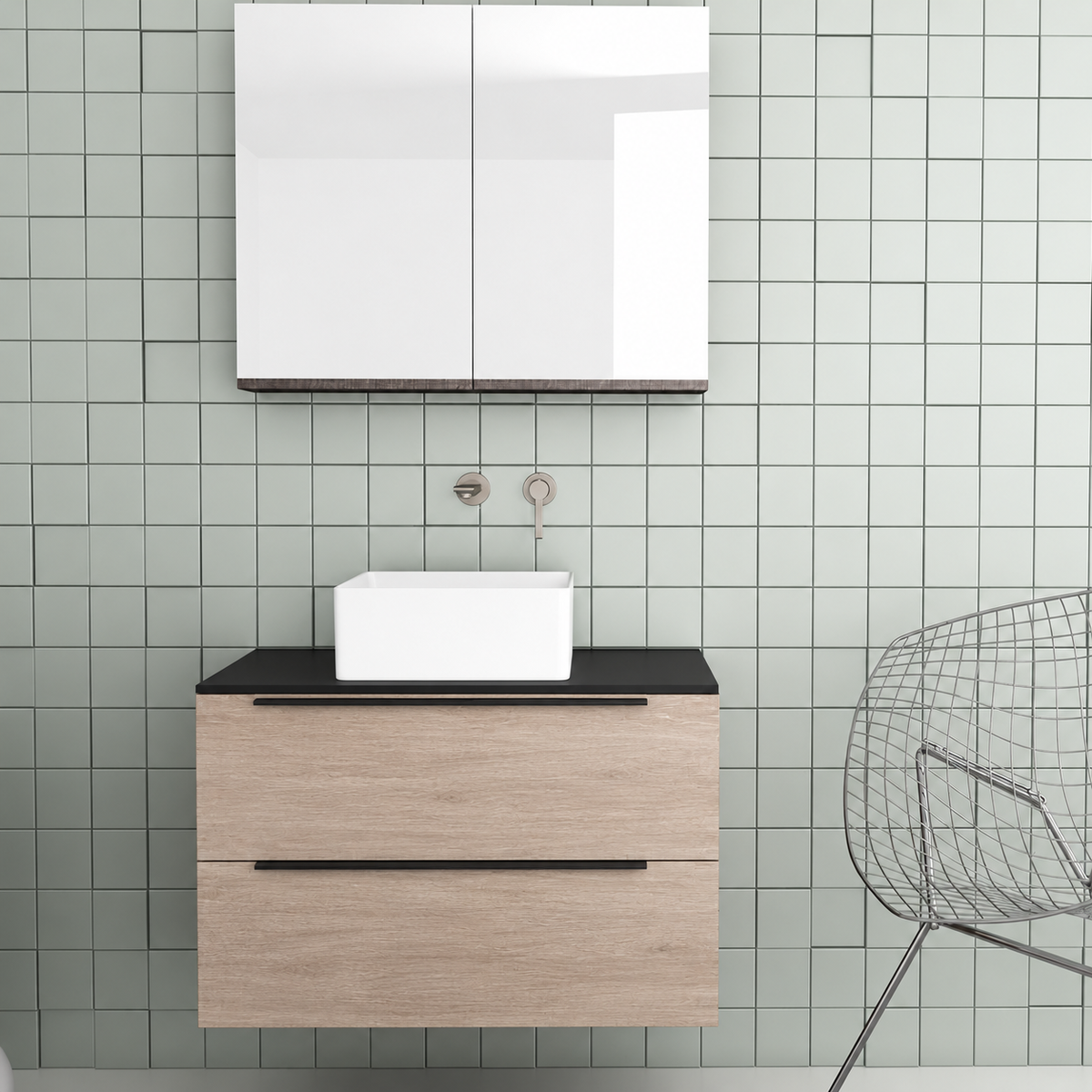 Orabella Solid Surface 80 Wall-Hung Bathroom Vanity for Countertop Basins - Laminate 326 / Black countertop / Two Drawers / Black handles
