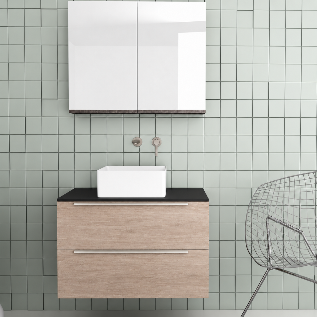 Orabella Solid Surface 80 Wall-Hung Bathroom Vanity for Countertop Basins - Laminate 326 / Black countertop / Two Drawers / Chrome handles