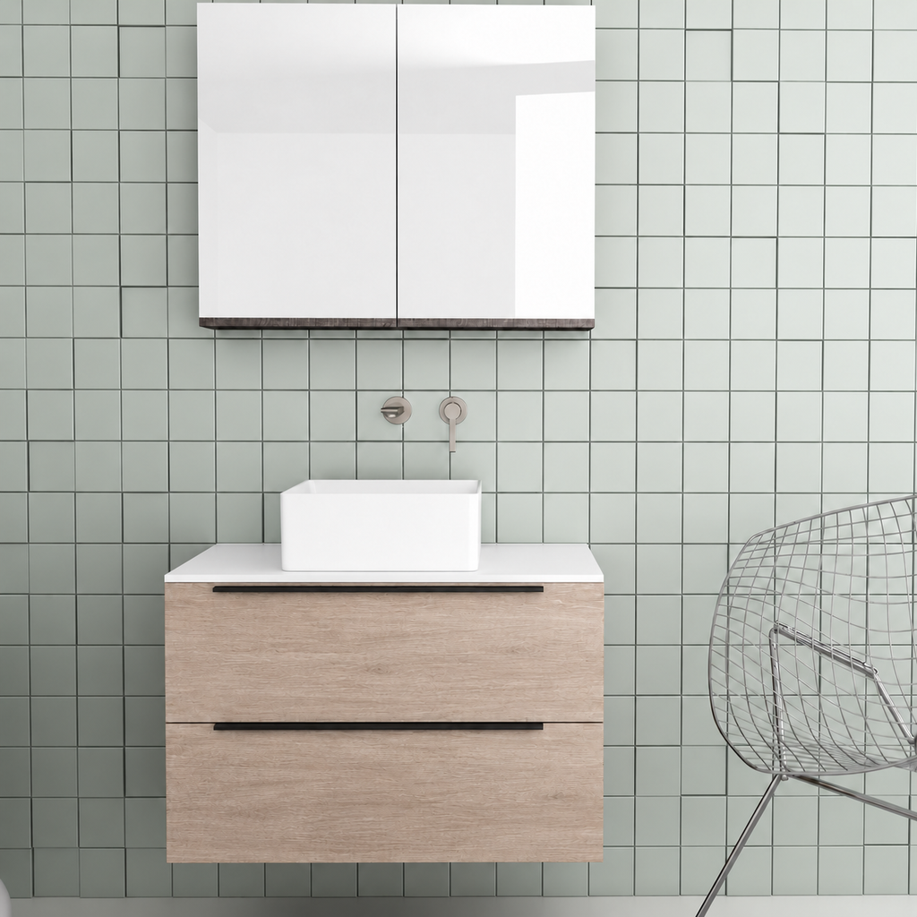 Orabella Solid Surface 80 Wall-Hung Bathroom Vanity for Countertop Basins - Laminate 326 / White countertop / Two Drawers / Black handles