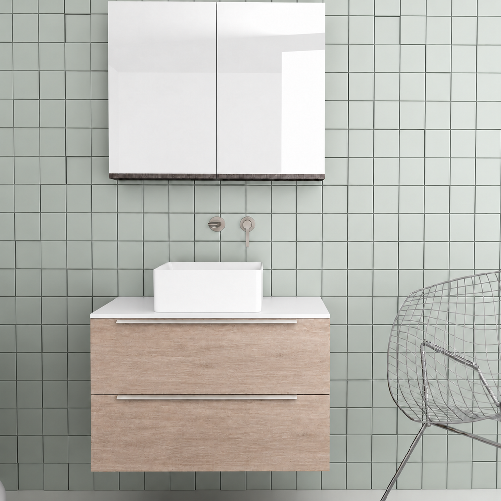 Orabella Solid Surface 80 Wall-Hung Bathroom Vanity for Countertop Basins - Laminate 326 / White countertop / Two Drawers / Chrome handles