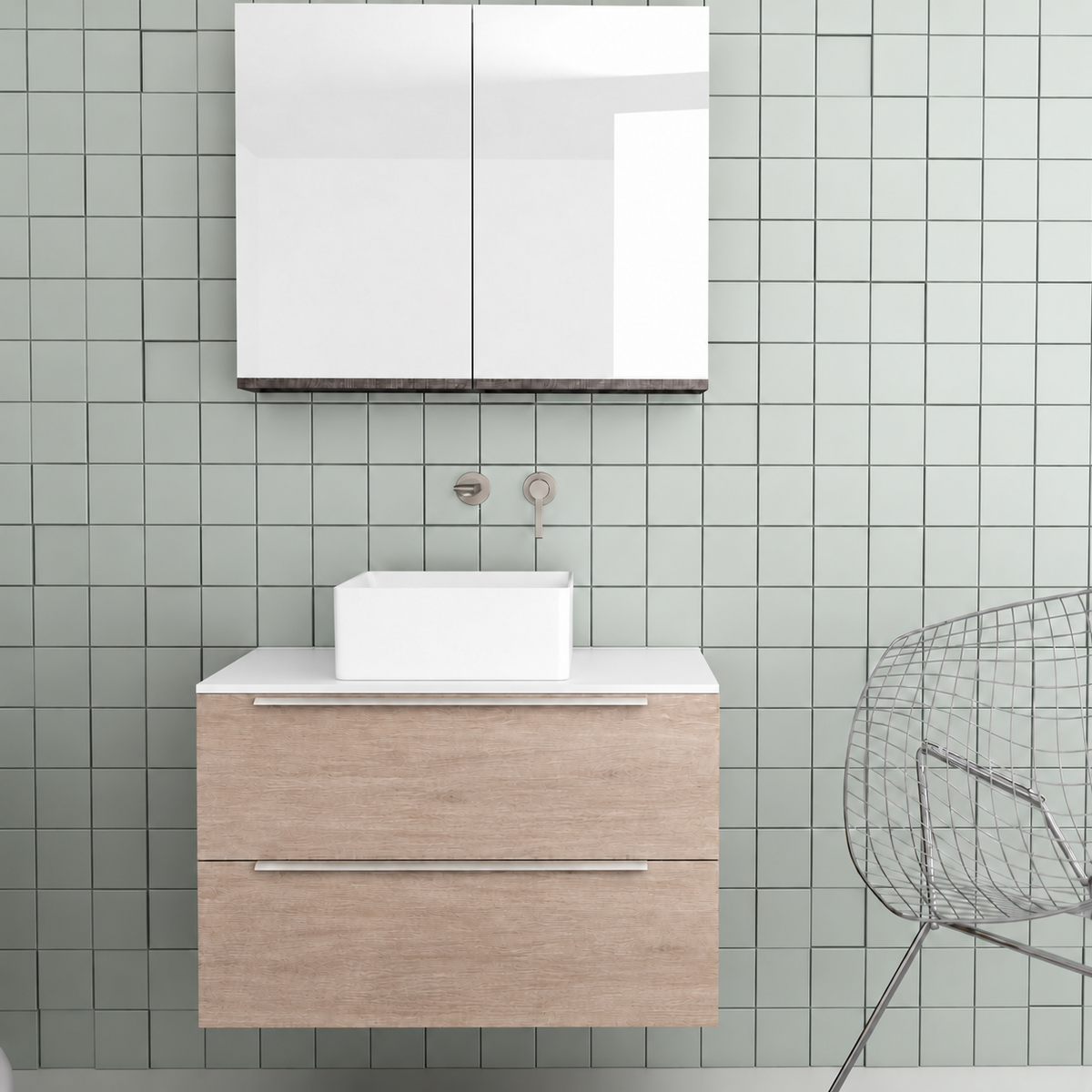 Orabella Solid Surface 80 Wall-Hung Bathroom Vanity for Countertop Basins - Laminate 326 / White countertop / Two Drawers / Chrome handles