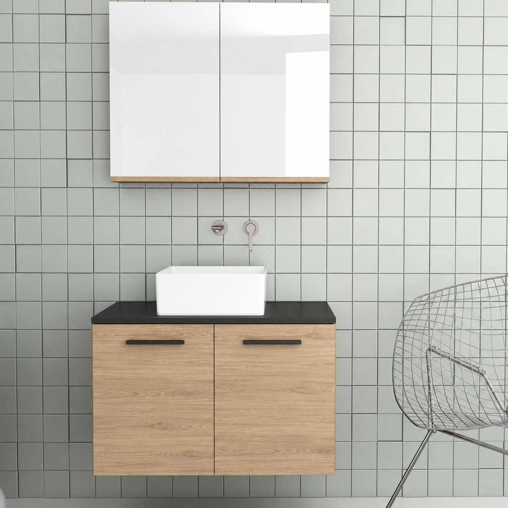 Orabella Solid Surface 80 Wall-Hung Bathroom Vanity for Countertop Basins - Laminate 331 / Black countertop / Two Doors / Black handles