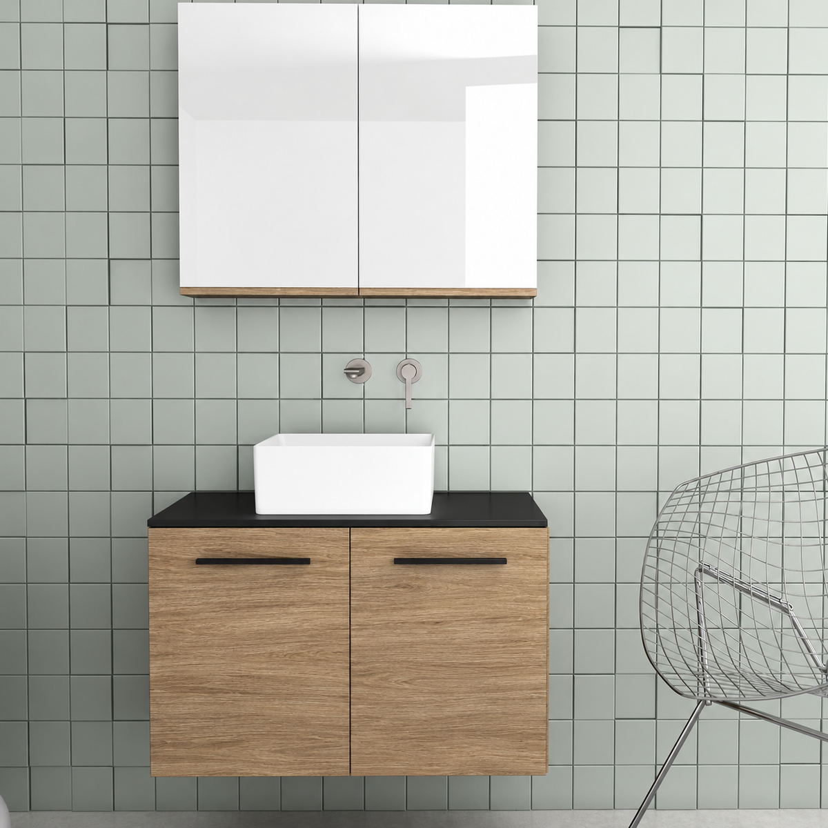 Orabella Solid Surface 80 Wall-Hung Bathroom Vanity for Countertop Basins - Laminate 390 / Black countertop / Two Doors / Black handles