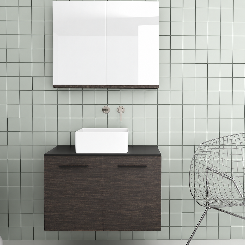 Orabella Solid Surface 80 Wall-Hung Bathroom Vanity for Countertop Basins - Laminate 399 / Black countertop / Two Doors / Black handles
