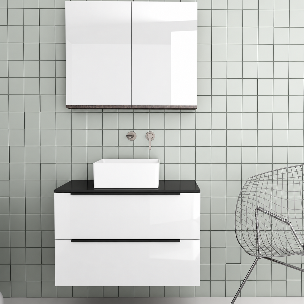 Orabella Solid Surface 80 Wall-Hung Bathroom Vanity for Countertop Basins - Acrylic MDF 6010 / Black countertop / Two Drawers / Black handles