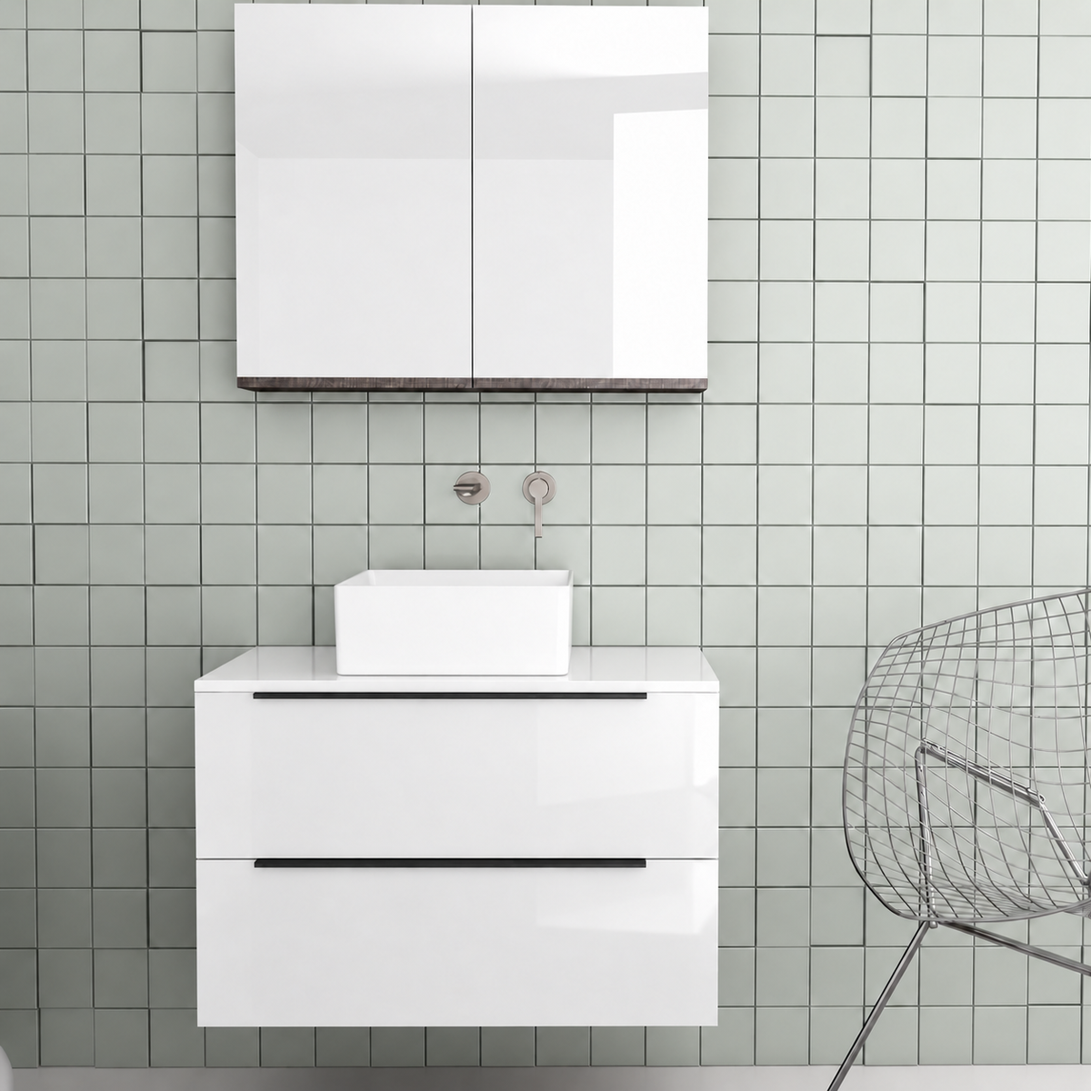 Orabella Solid Surface 80 Wall-Hung Bathroom Vanity for Countertop Basins - Acrylic MDF 6010 / White countertop / Two Drawers / Black handles