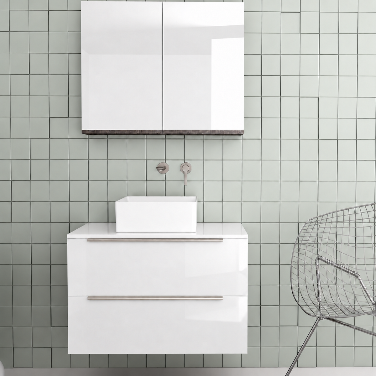 Orabella Solid Surface 80 Wall-Hung Bathroom Vanity for Countertop Basins - Acrylic MDF 6010 / White countertop / Two Drawers / Chrome handles