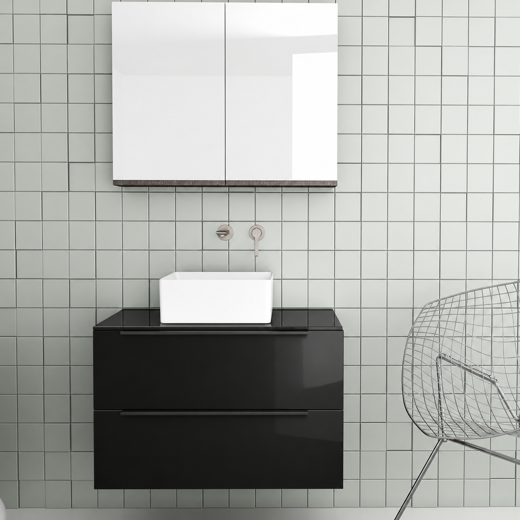 Orabella Solid Surface 80 Wall-Hung Bathroom Vanity for Countertop Basins - Acrylic MDF 6040 / Black countertop / Two Drawers / Black handles
