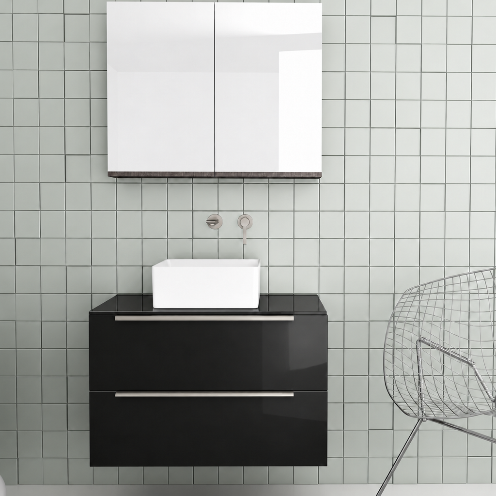 Orabella Solid Surface 80 Wall-Hung Bathroom Vanity for Countertop Basins - Acrylic MDF 6040 / Black countertop / Two Drawers / Chrome handles