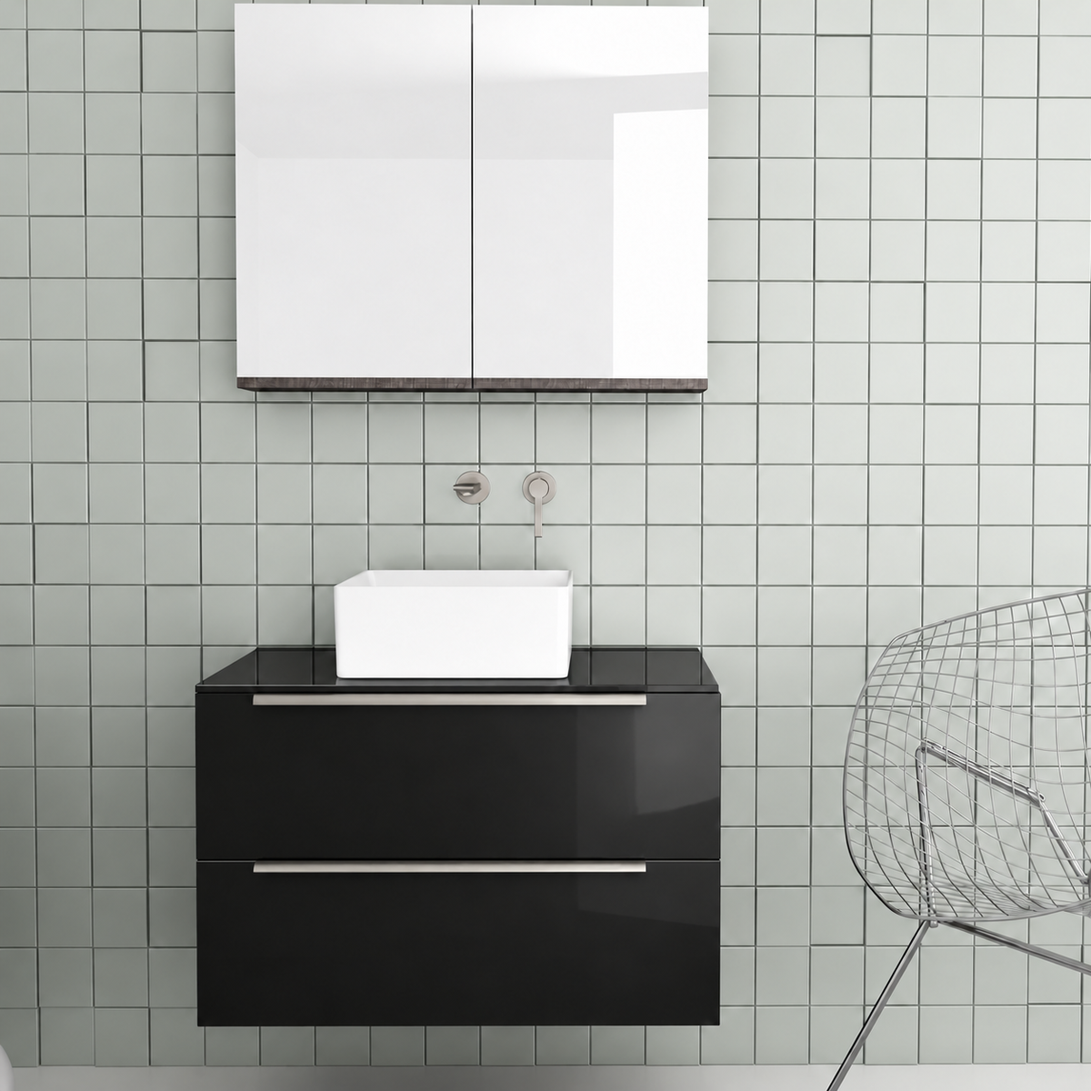 Orabella Solid Surface 80 Wall-Hung Bathroom Vanity for Countertop Basins - Acrylic MDF 6040 / Black countertop / Two Drawers / Chrome handles