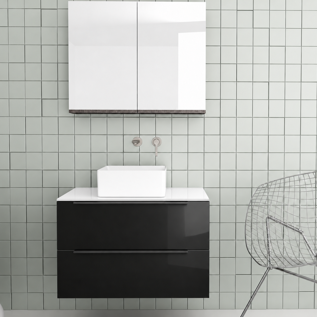 Orabella Solid Surface 80 Wall-Hung Bathroom Vanity for Countertop Basins - Acrylic MDF 6040 / White countertop / Two Drawers / Black handles