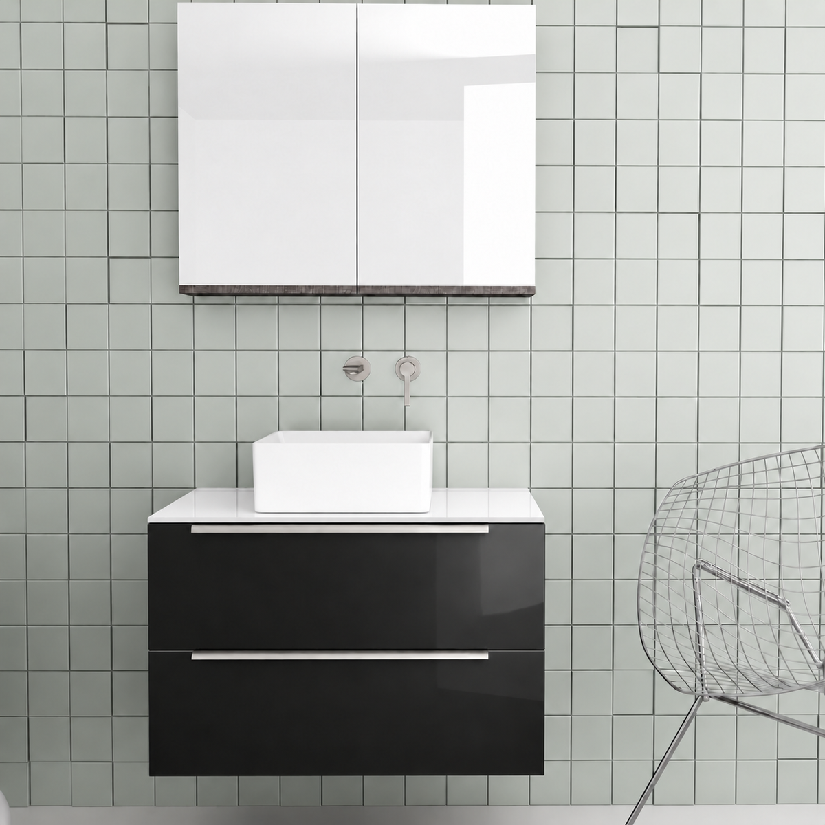 Orabella Solid Surface 80 Wall-Hung Bathroom Vanity for Countertop Basins - Acrylic MDF 6040 / White countertop / Two Drawers / Chrome handles