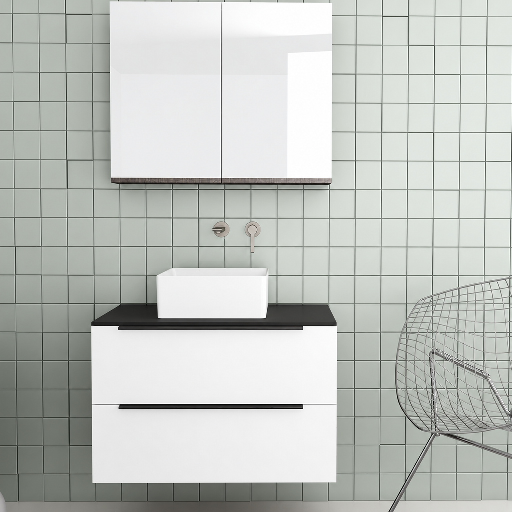 Orabella Solid Surface 80 Wall-Hung Bathroom Vanity for Countertop Basins - Matt MDF 6080 / Black countertop / Two Drawers / Black handles
