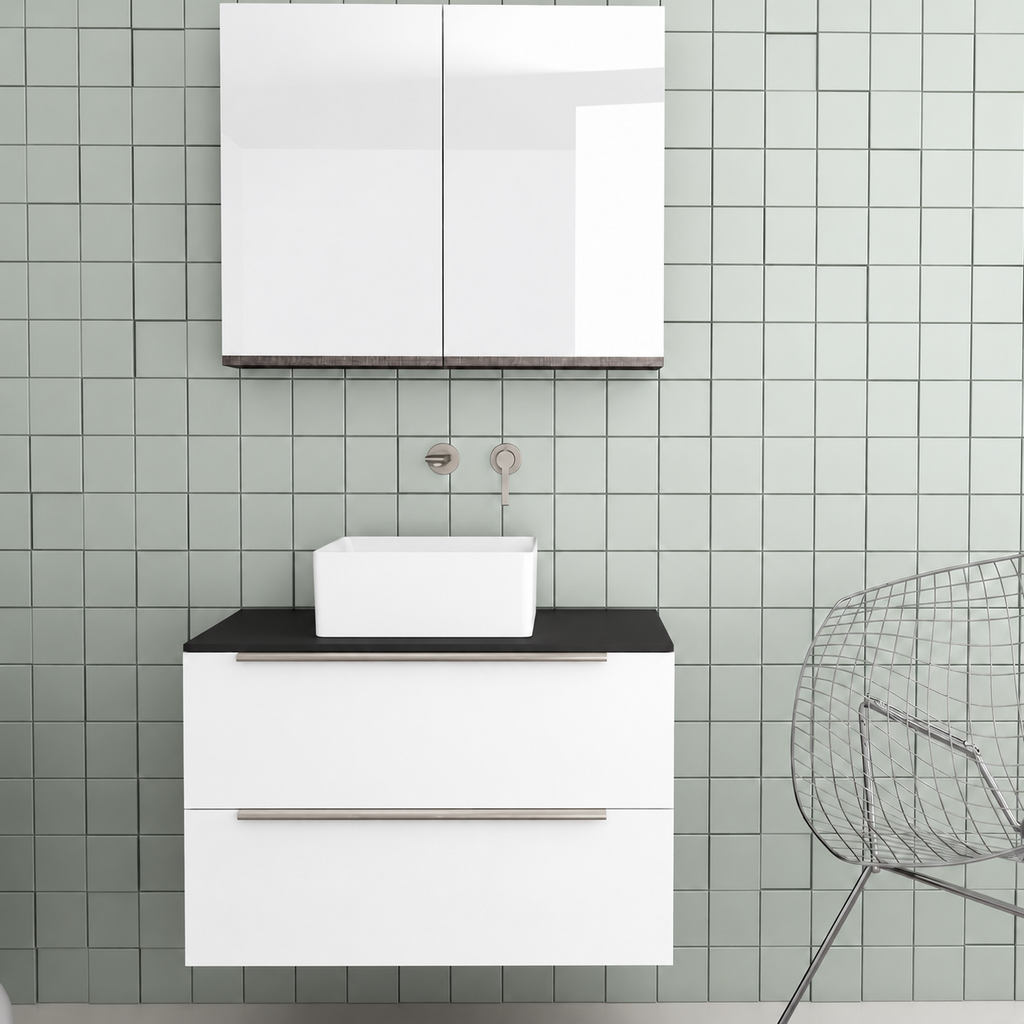 Orabella Solid Surface 80 Wall-Hung Bathroom Vanity for Countertop Basins - Matt MDF 6080 / Black countertop / Two Drawers / Chrome handles