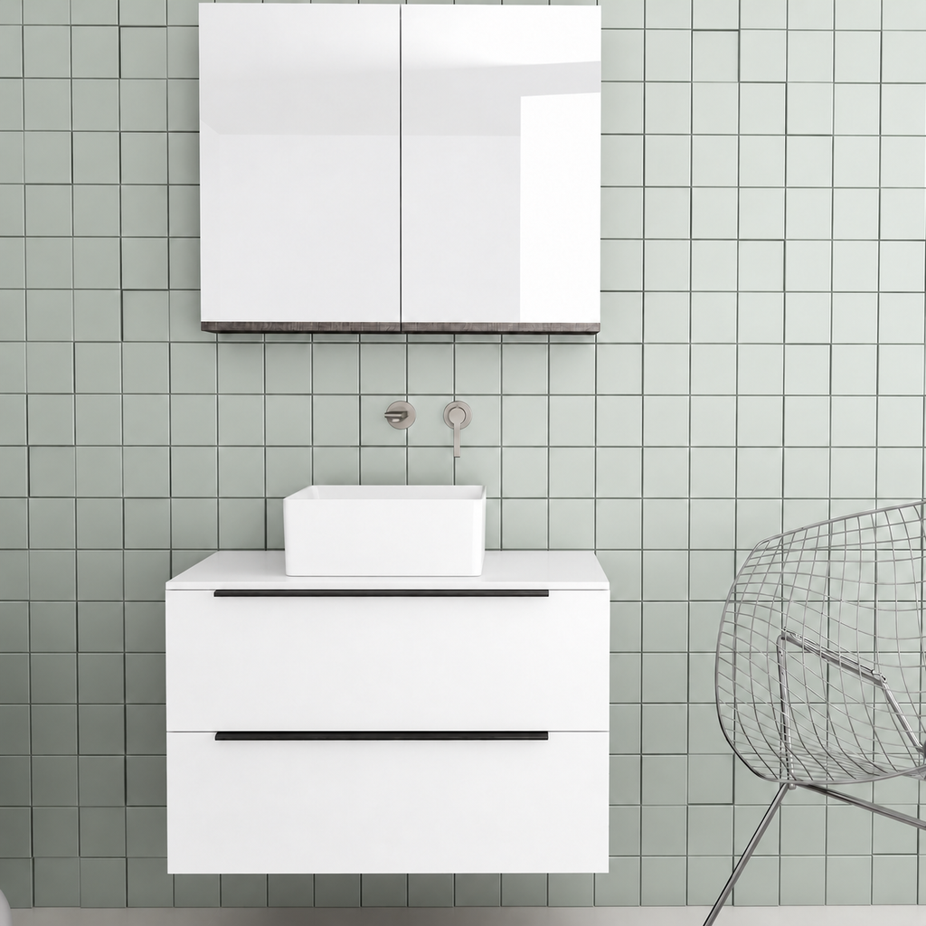 Orabella Solid Surface 80 Wall-Hung Bathroom Vanity for Countertop Basins - Matt MDF 6080 / White countertop / Two Drawers / Black handles