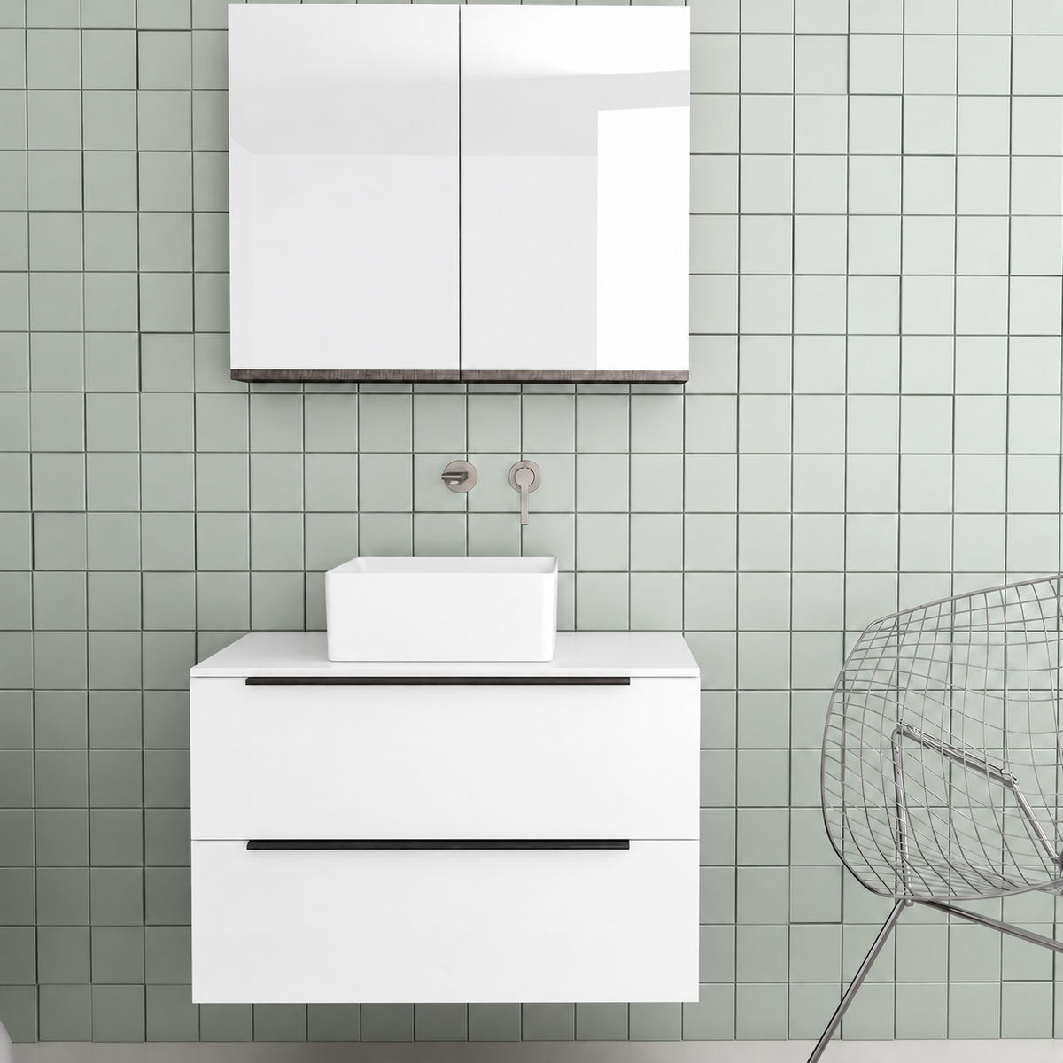 Orabella Solid Surface 80 Wall-Hung Bathroom Vanity for Countertop Basins - Matt MDF 6080 / White countertop / Two Drawers / Black handles