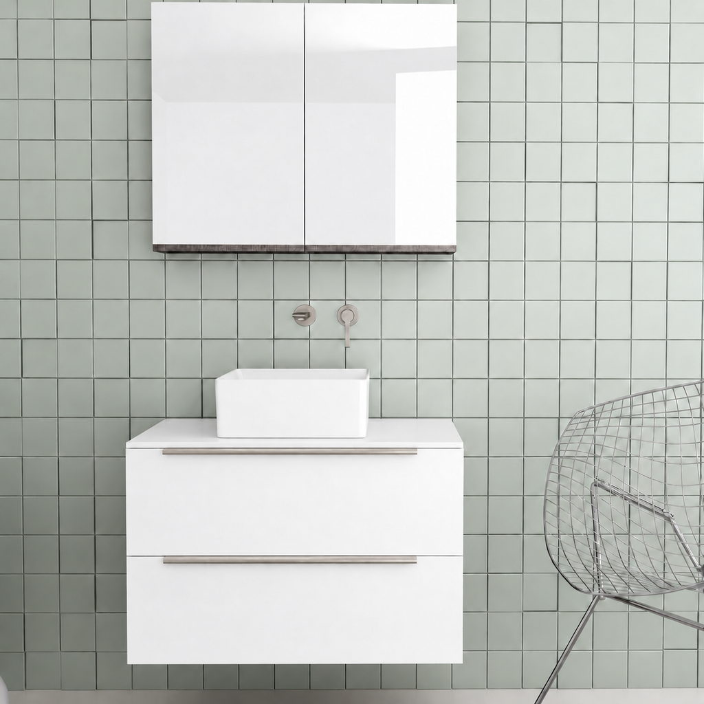 Orabella Solid Surface 80 Wall-Hung Bathroom Vanity for Countertop Basins - Matt MDF 6080 / White countertop / Two Drawers / Chrome handles