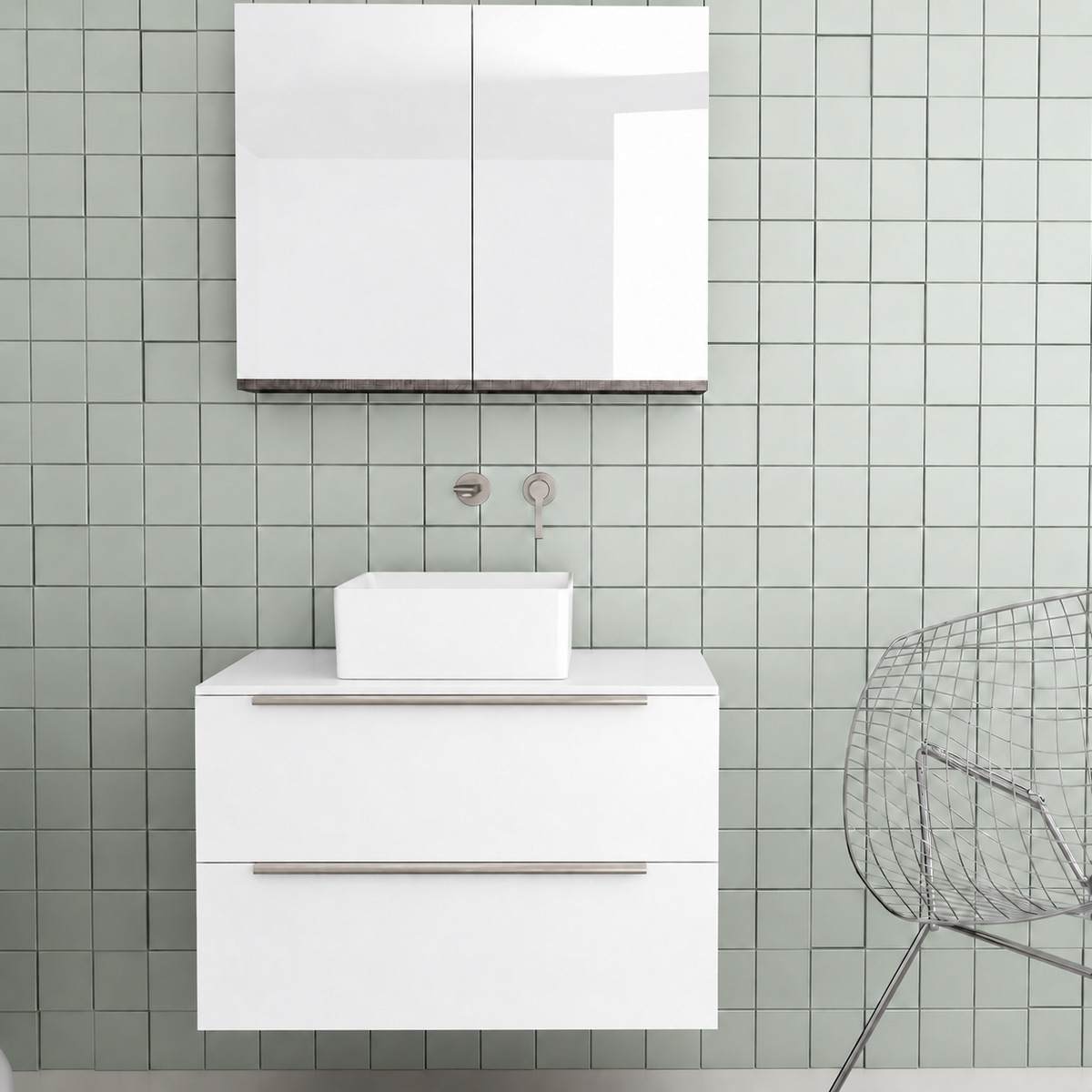 Orabella Solid Surface 80 Wall-Hung Bathroom Vanity for Countertop Basins - Matt MDF 6080 / White countertop / Two Drawers / Chrome handles