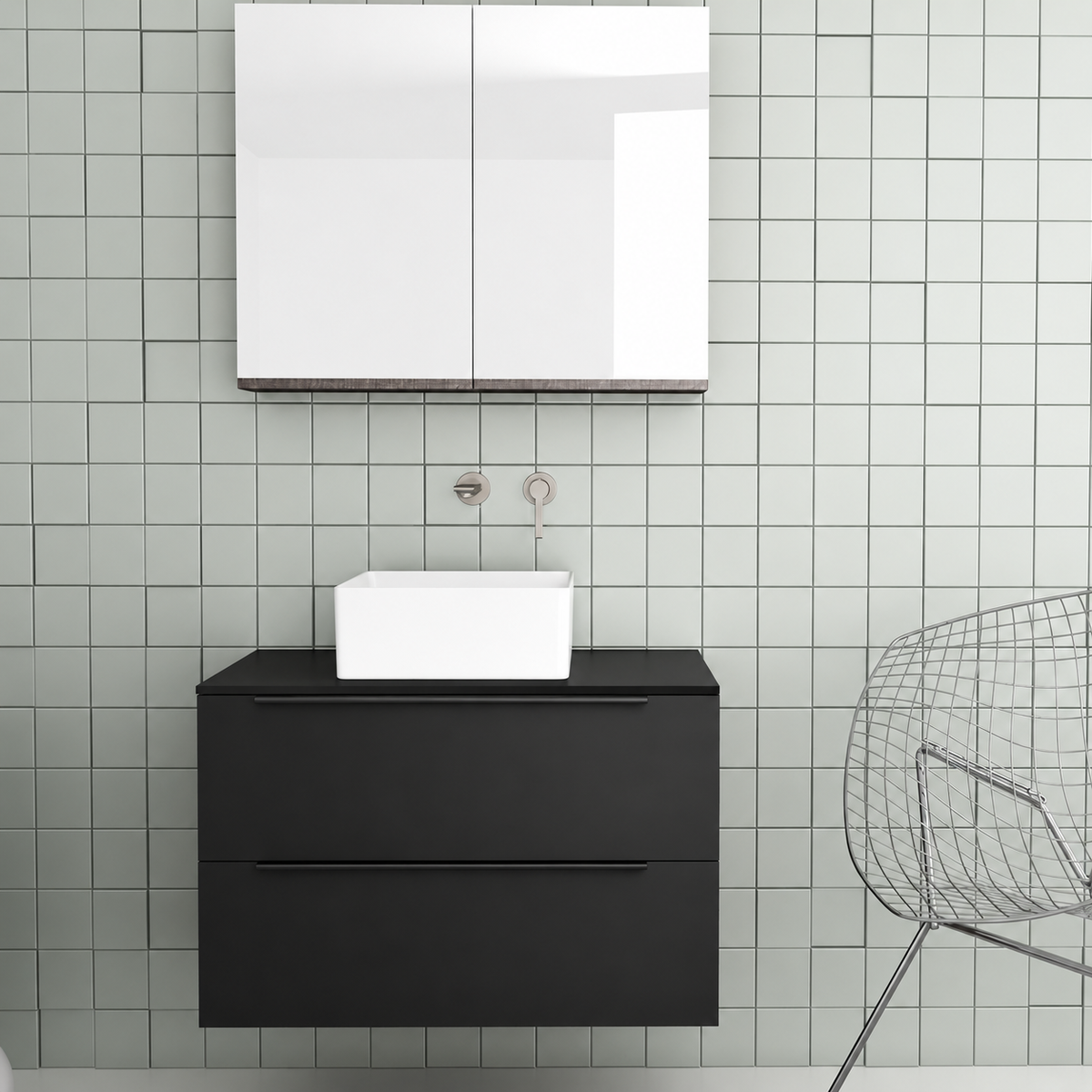 Orabella Solid Surface 80 Wall-Hung Bathroom Vanity for Countertop Basins - Matt MDF 6090 / Black countertop / Two Drawers / Black handles