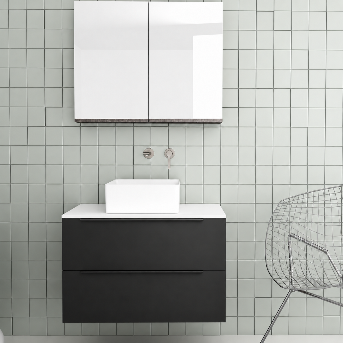 Orabella Solid Surface 80 Wall-Hung Bathroom Vanity for Countertop Basins - Matt MDF 6090 / White countertop / Two Drawers / Black handles