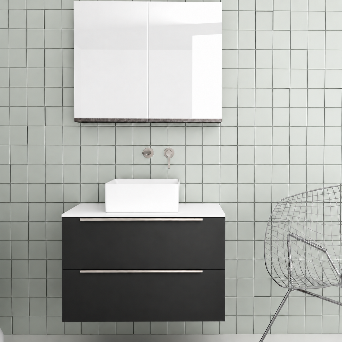 Orabella Solid Surface 80 Wall-Hung Bathroom Vanity for Countertop Basins - Matt MDF 6090 / White countertop / Two Drawers / Chrome handles