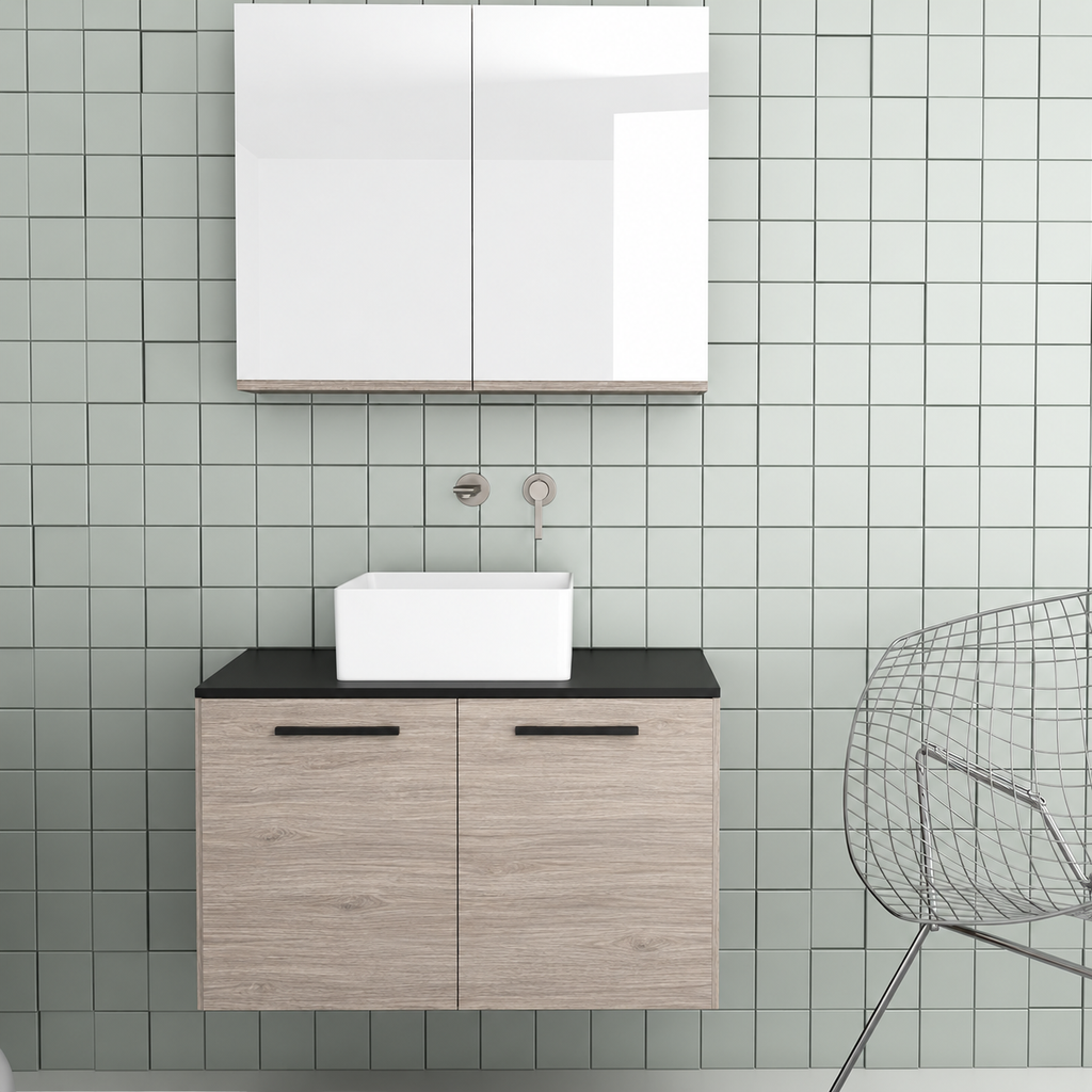 Orabella Solid Surface 80 Wall-Hung Bathroom Vanity for Countertop Basins - Laminate 719 / Black countertop / Two Doors / Black handles