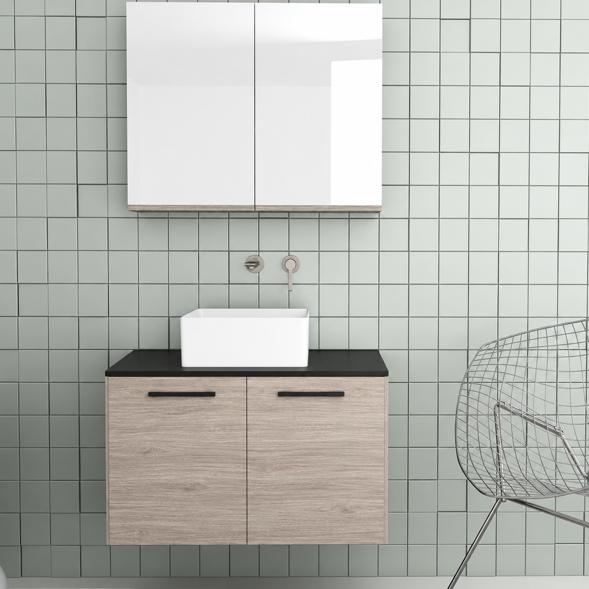 Orabella Solid Surface 80 Wall-Hung Bathroom Vanity for Countertop Basins - Laminate 719 / Black countertop / Two Doors / Black handles