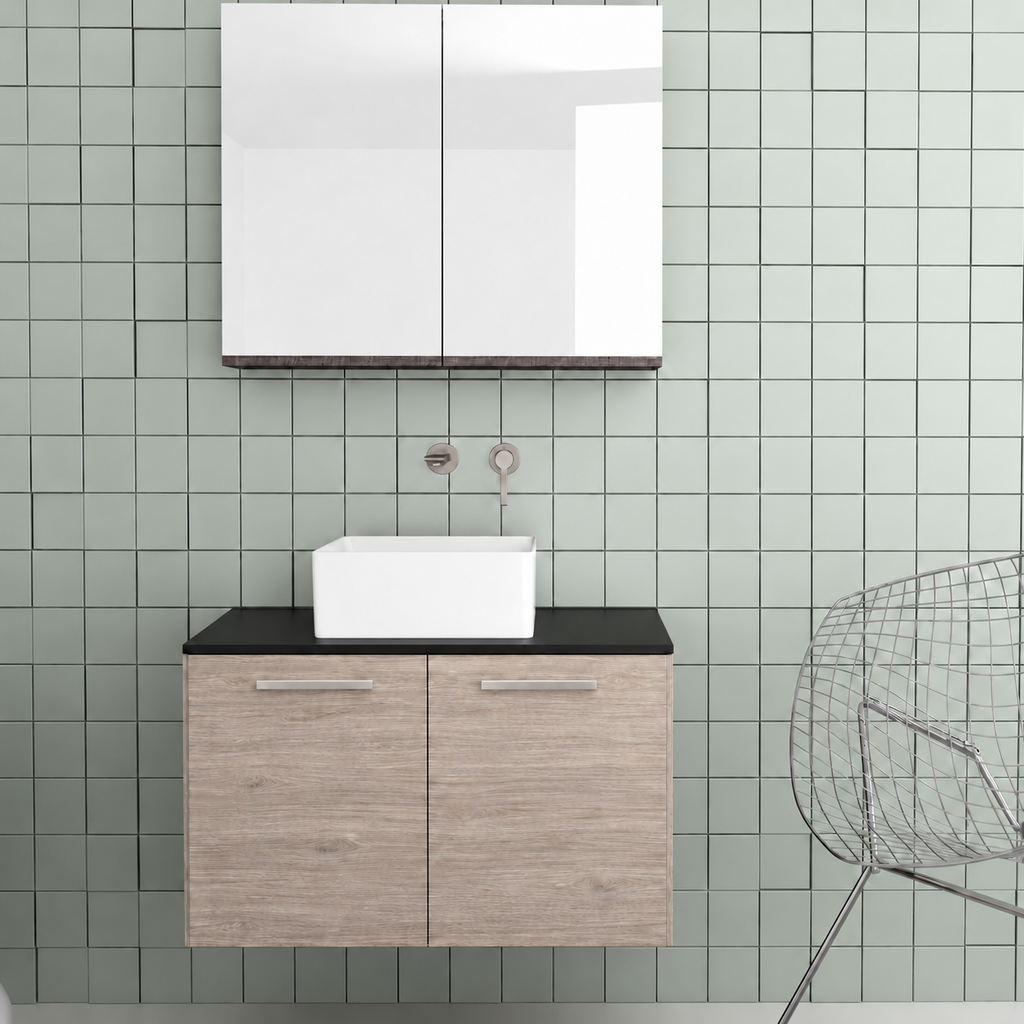 Orabella Solid Surface 80 Wall-Hung Bathroom Vanity for Countertop Basins - Laminate 719 / Black countertop / Two Doors / Chrome handles