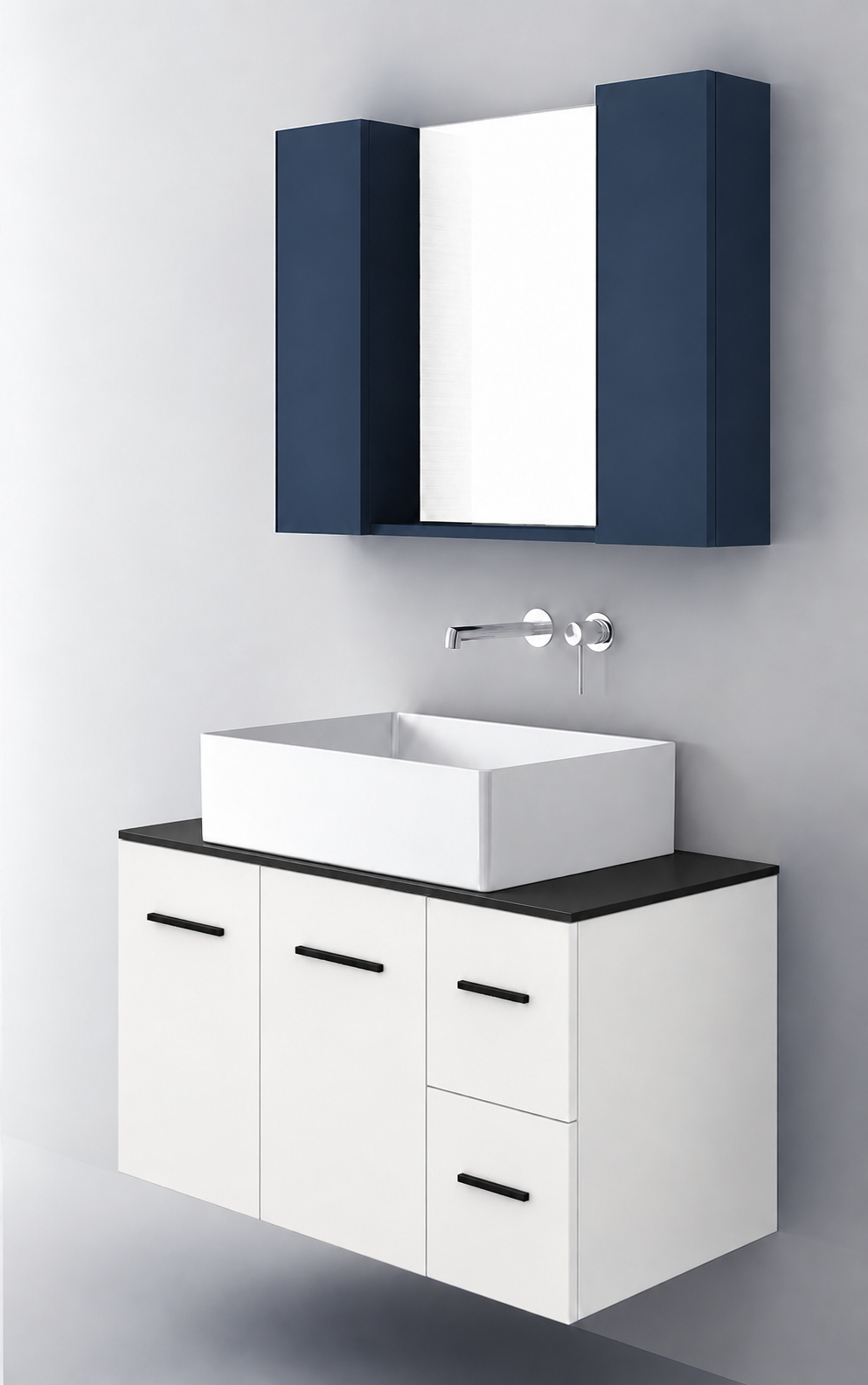 Orabella Solid Surface90 - Finish 101 / Black countertop / Two Doors and Two Drawers / Black handles