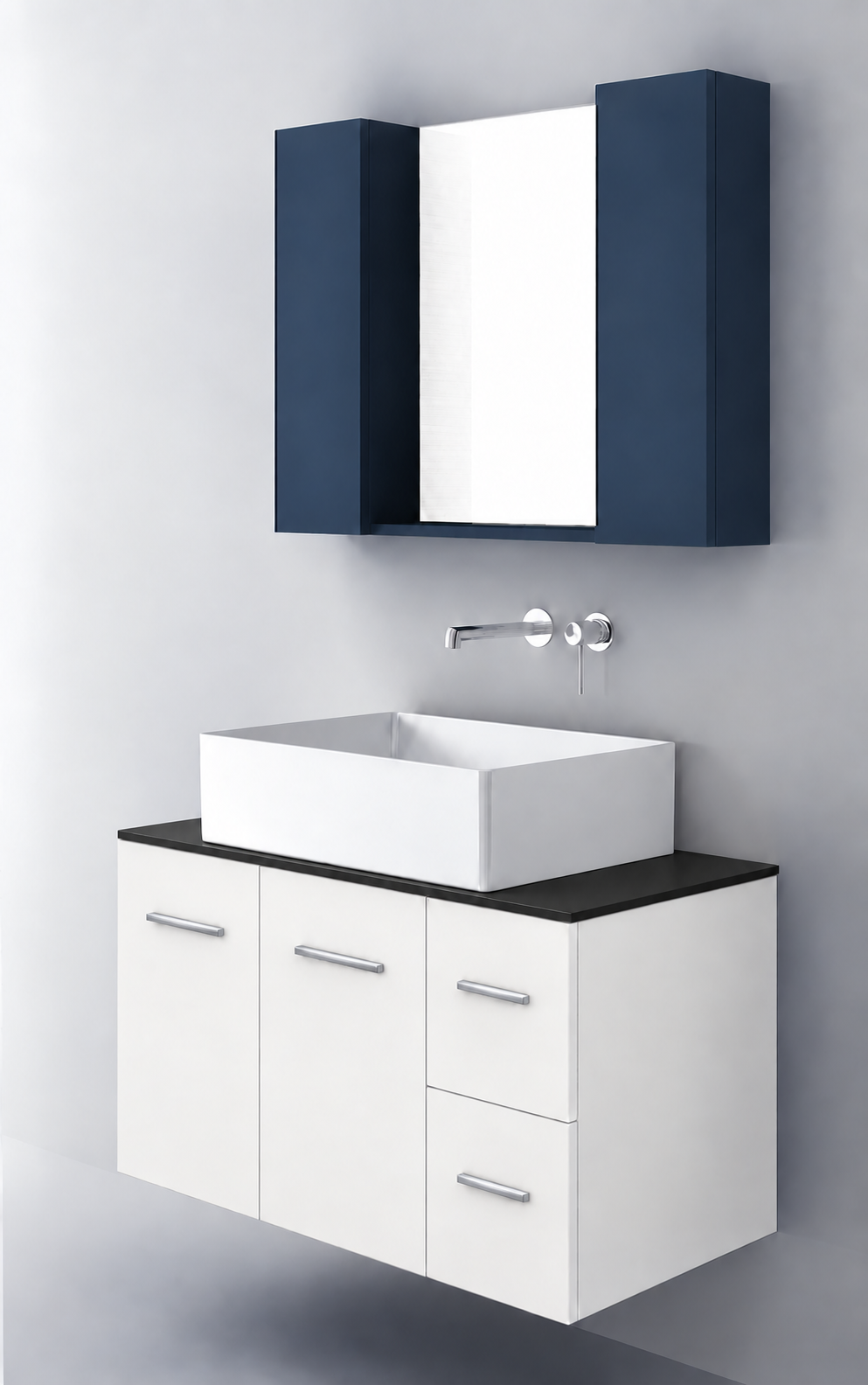 Orabella Solid Surface90 - Finish 101 / Black countertop / Two Doors and Two Drawers / Chrome handles
