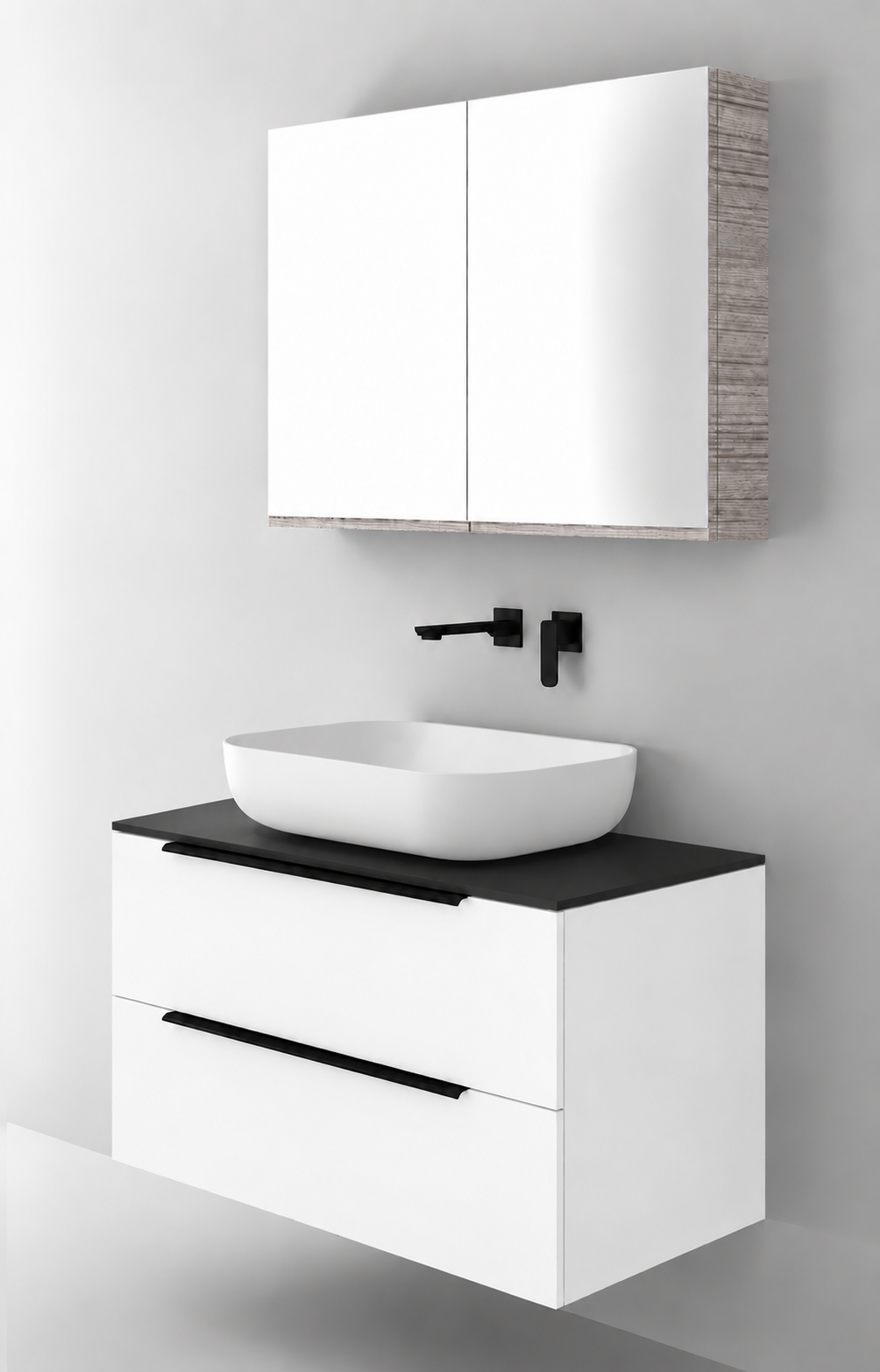 Orabella Solid Surface90 - Laminate 101 / Black countertop / Two Drawers / Black handles