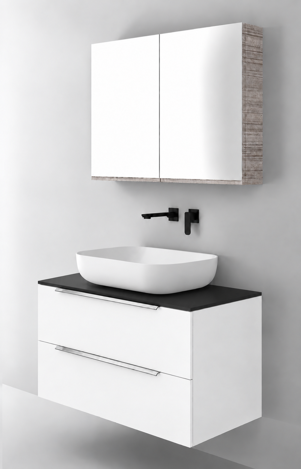 Orabella Solid Surface90 - Finish 101 / Black countertop / Two Drawers / Chrome handles