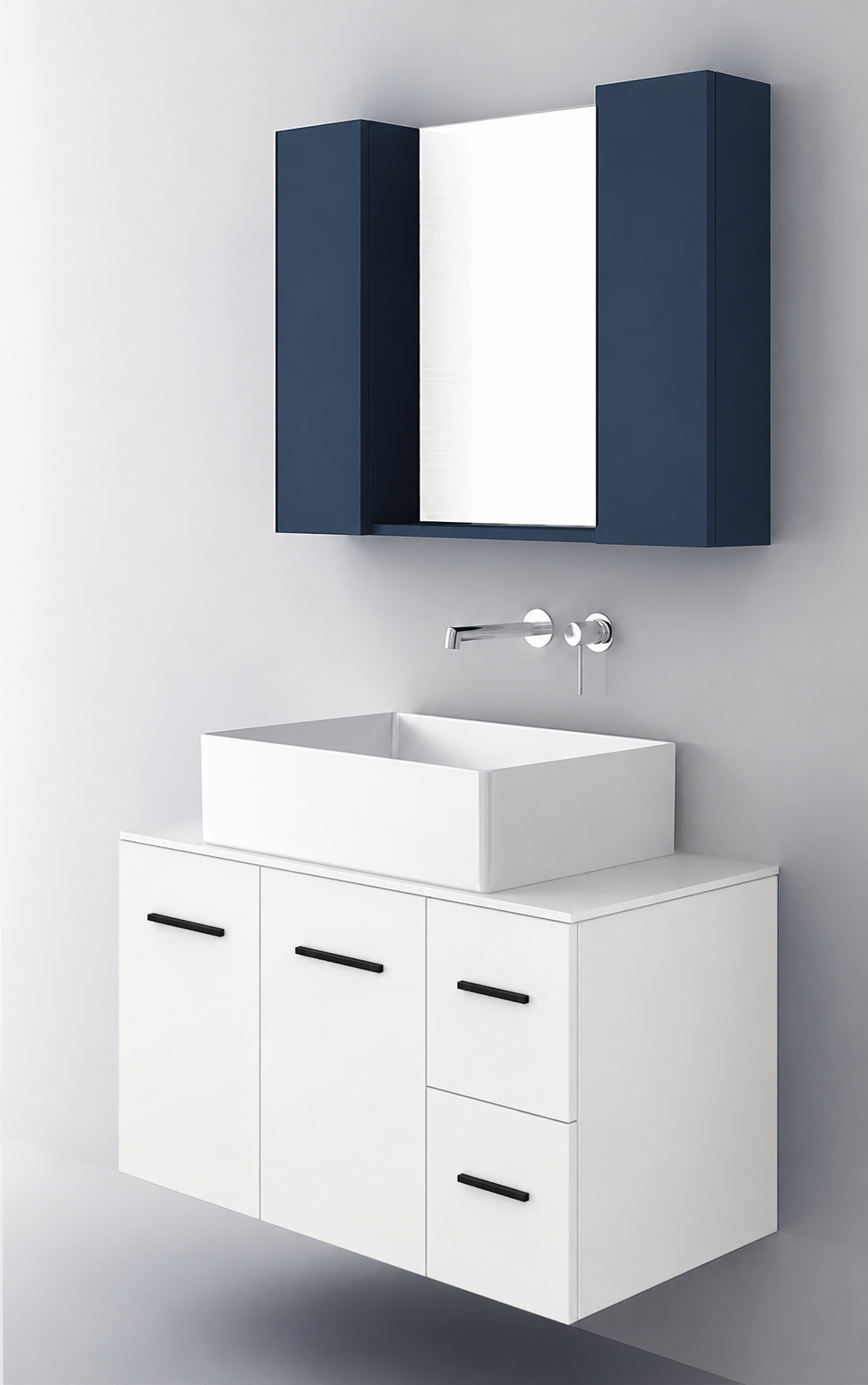 Orabella Solid Surface90 - Finish 101 / White countertop / Two Doors and Two Drawers / Black handles