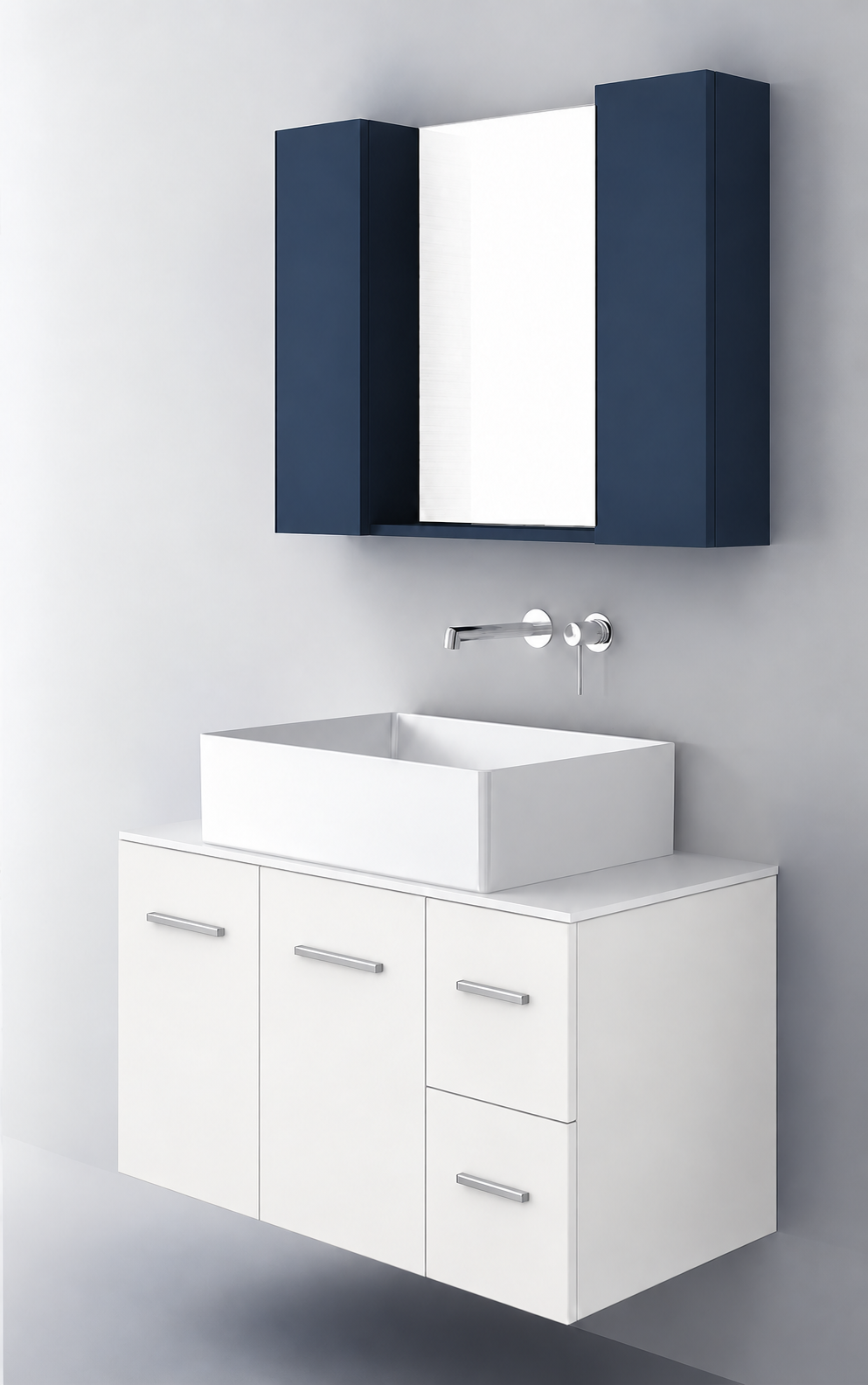 Orabella Solid Surface90 - Finish 101 / White countertop / Two Doors and Two Drawers / Chrome handles