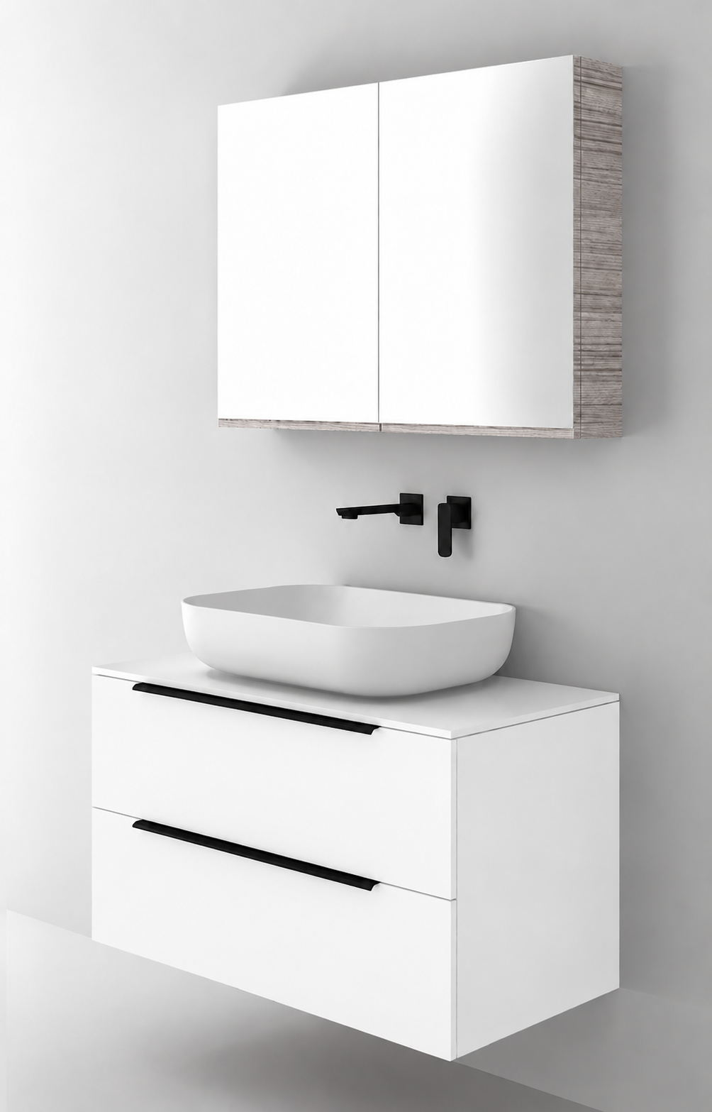 Orabella Solid Surface90 - Laminate 101 / White countertop / Two Drawers / Black handles