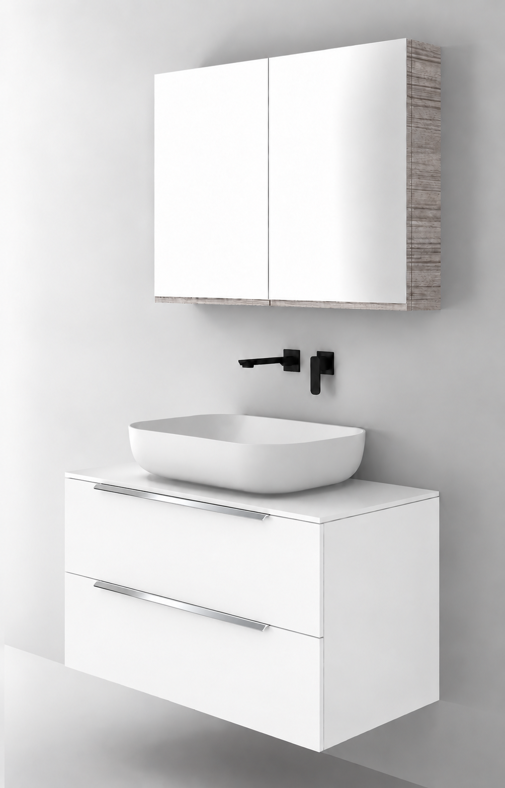 Orabella Solid Surface90 - Finish 101 / White countertop / Two Drawers / Chrome handles