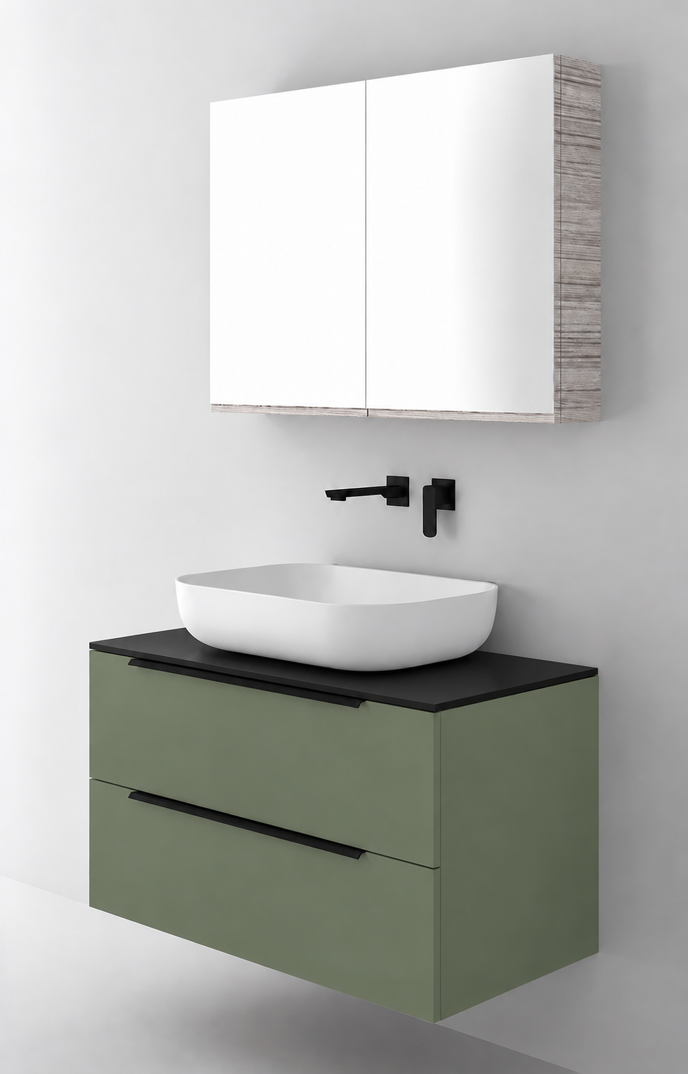Orabella Solid Surface90 - Laminate 162 / Black countertop / Two Drawers / Black handles
