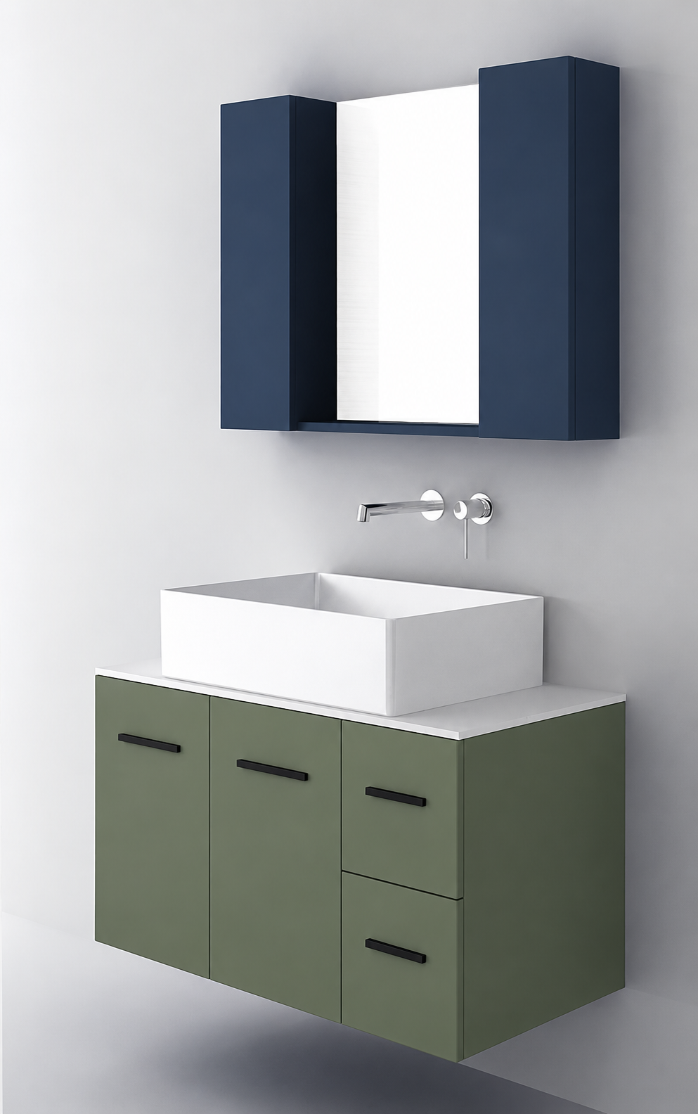 Orabella Solid Surface90 - Finish 162 / White countertop / Two Doors and Two Drawers / Black handles