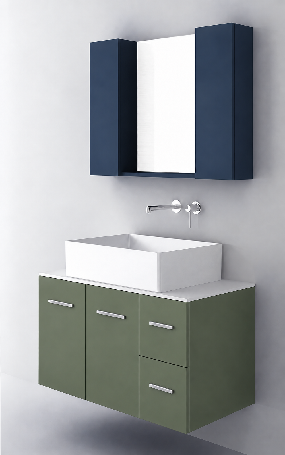 Orabella Solid Surface90 - Finish 162 / White countertop / Two Doors and Two Drawers / Chrome handles