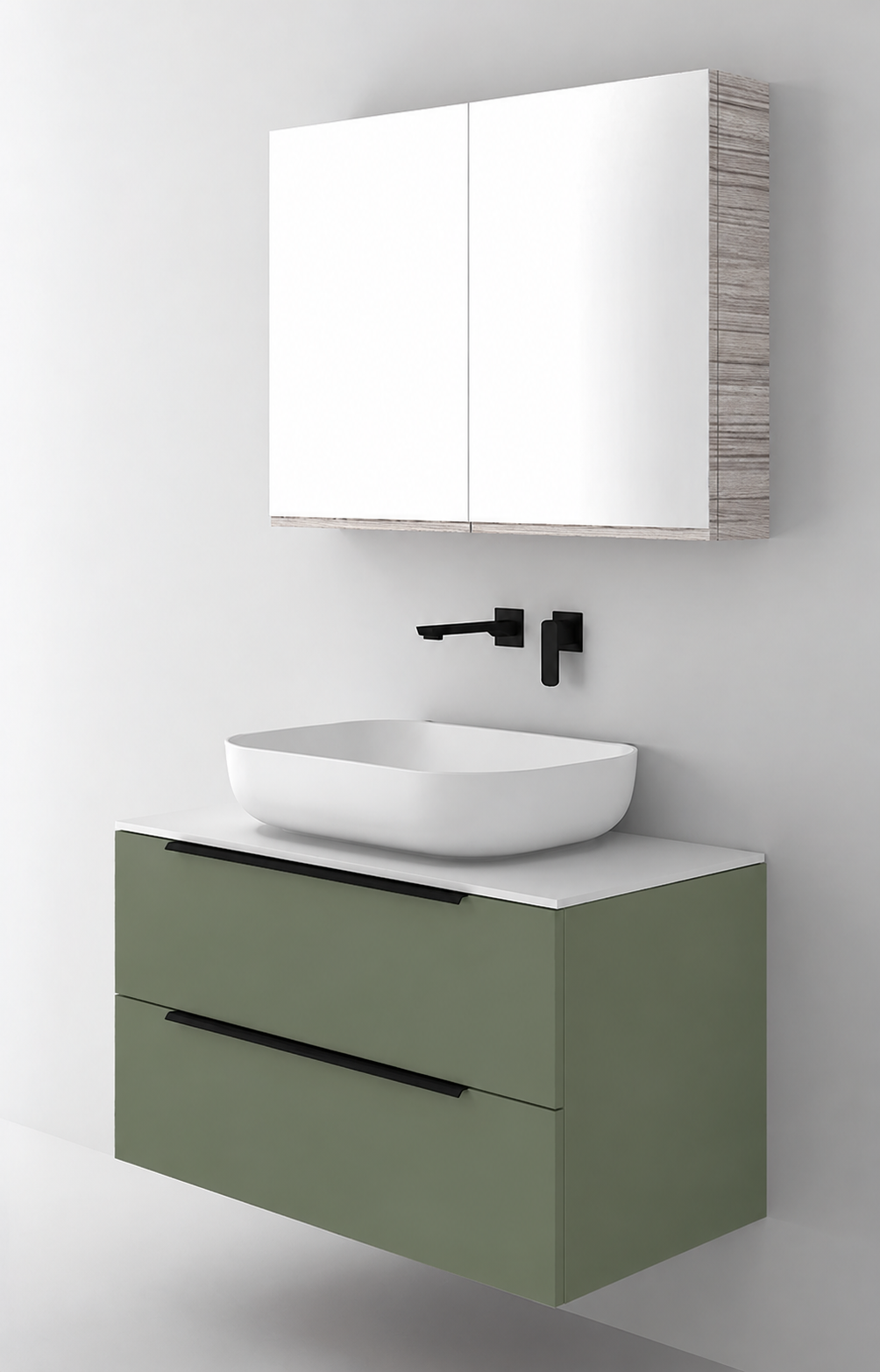 Orabella Solid Surface90 - Laminate 162 / White countertop / Two Drawers / Black handles