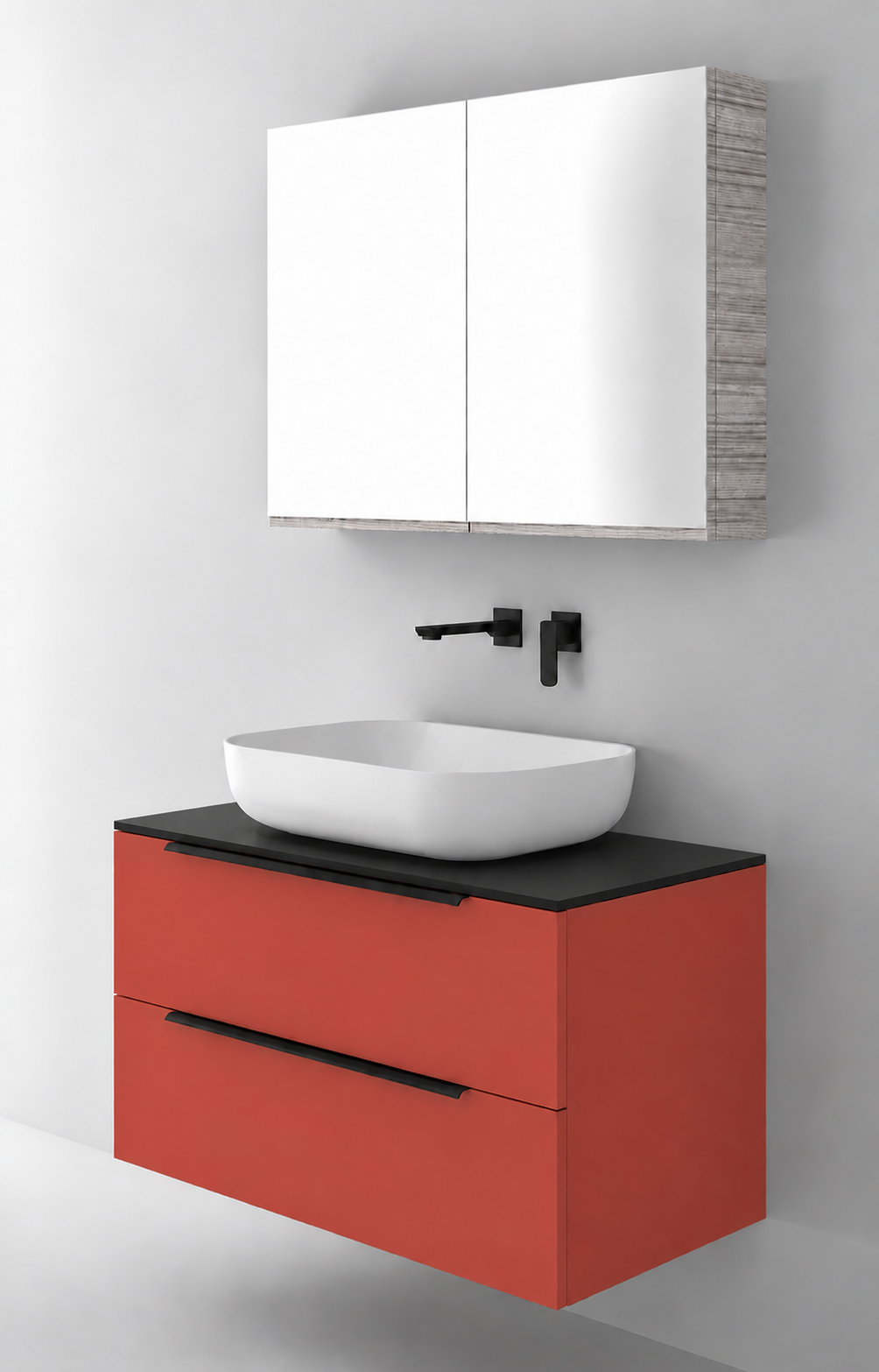 Orabella Solid Surface90 - Laminate 165 / Black countertop / Two Drawers / Black handles