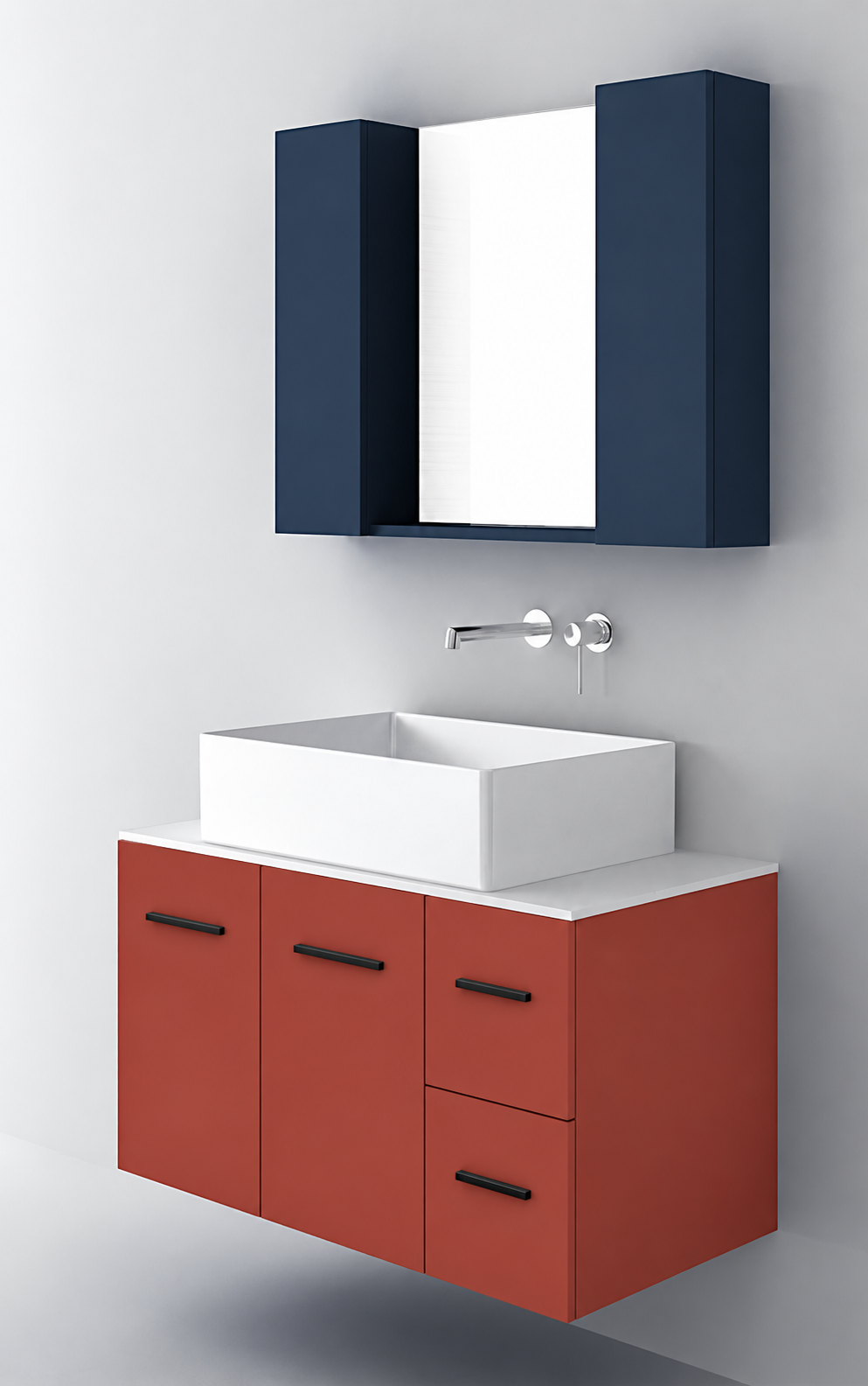 Orabella Solid Surface90 - Finish 165 / White countertop / Two Doors and Two Drawers / Black handles