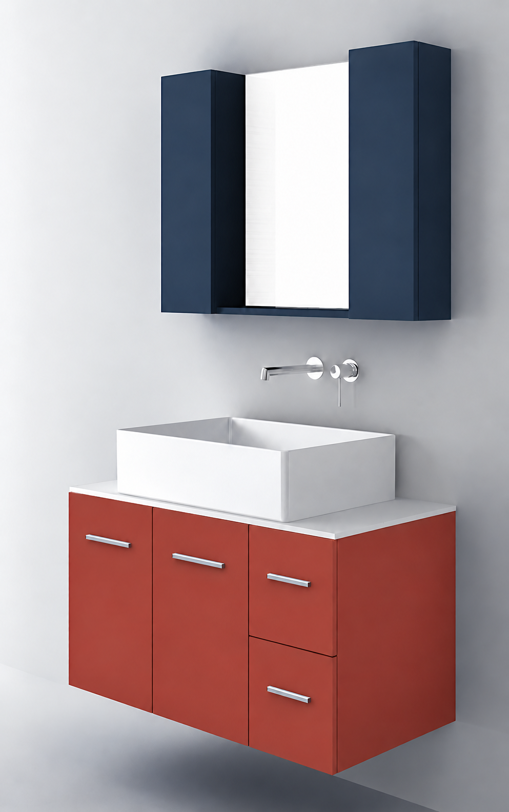 Orabella Solid Surface90 - Finish 165 / White countertop / Two Doors and Two Drawers / Chrome handles