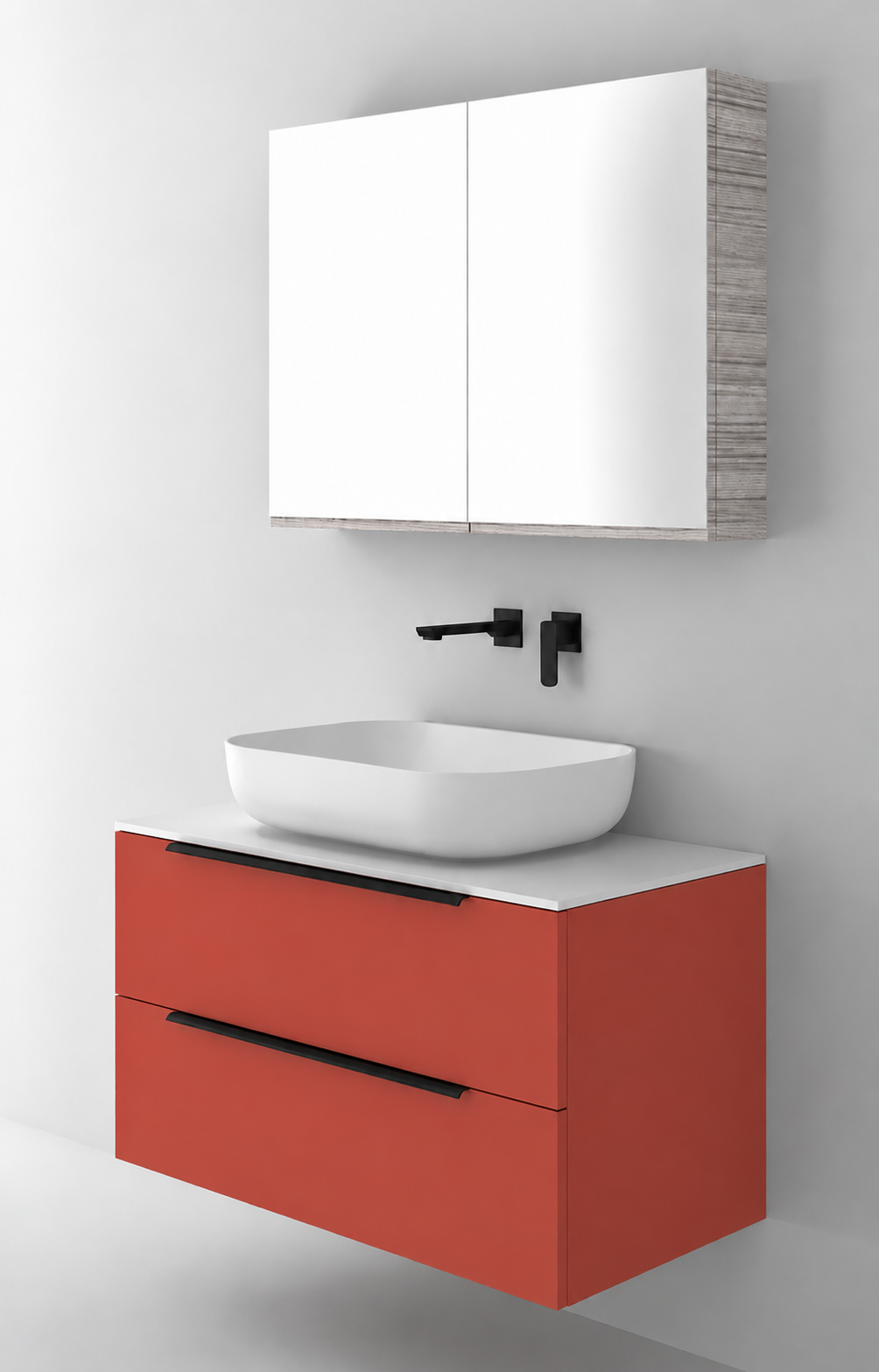 Orabella Solid Surface90 - Laminate 165 / White countertop / Two Drawers / Black handles